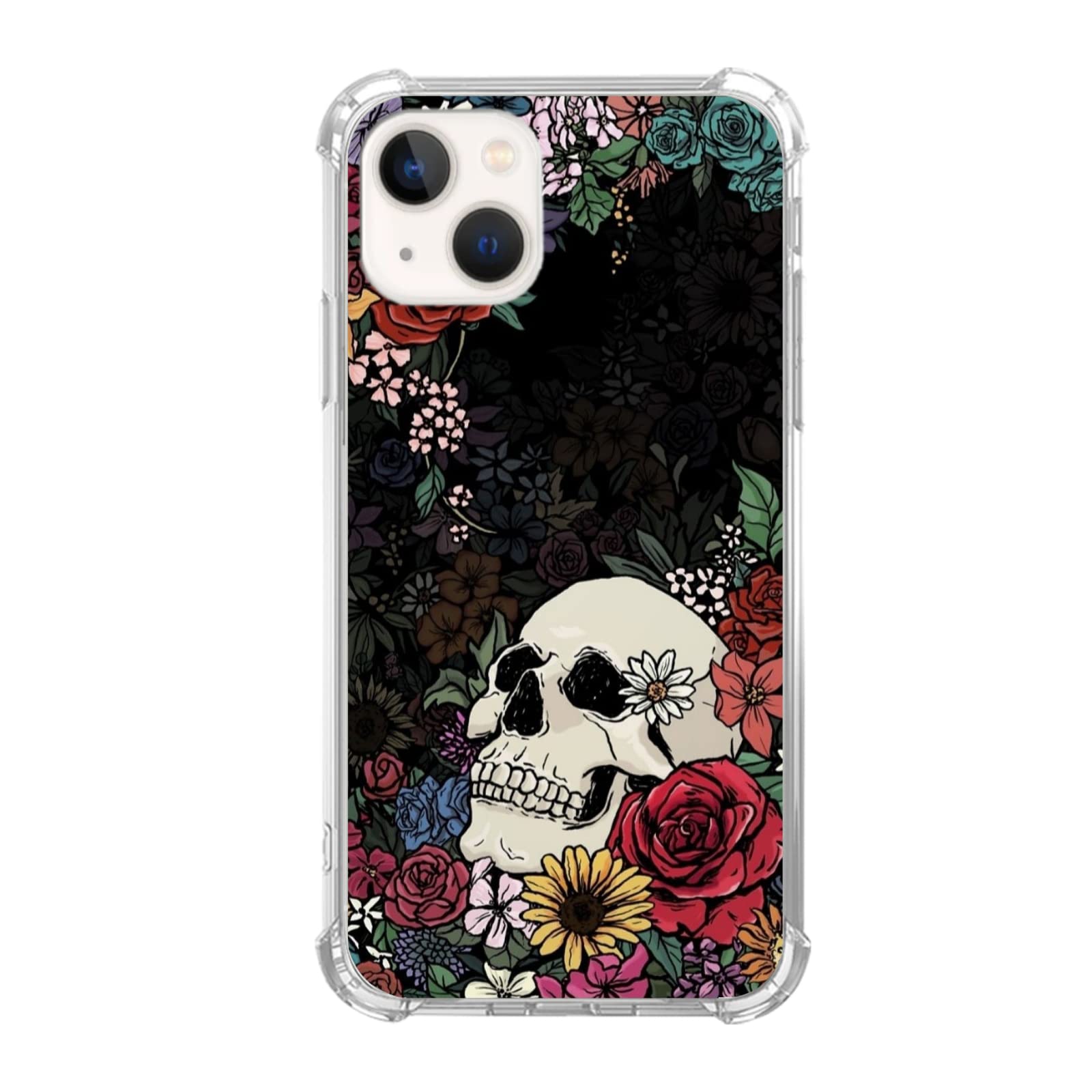 Floral Skull Skeleton iPhone 13 Mini Case - Trendy TPU Bumper Cover with 360° Protection & Wireless Charging | Perfect for Halloween, Gothic Style & Unique Fashion Accessories