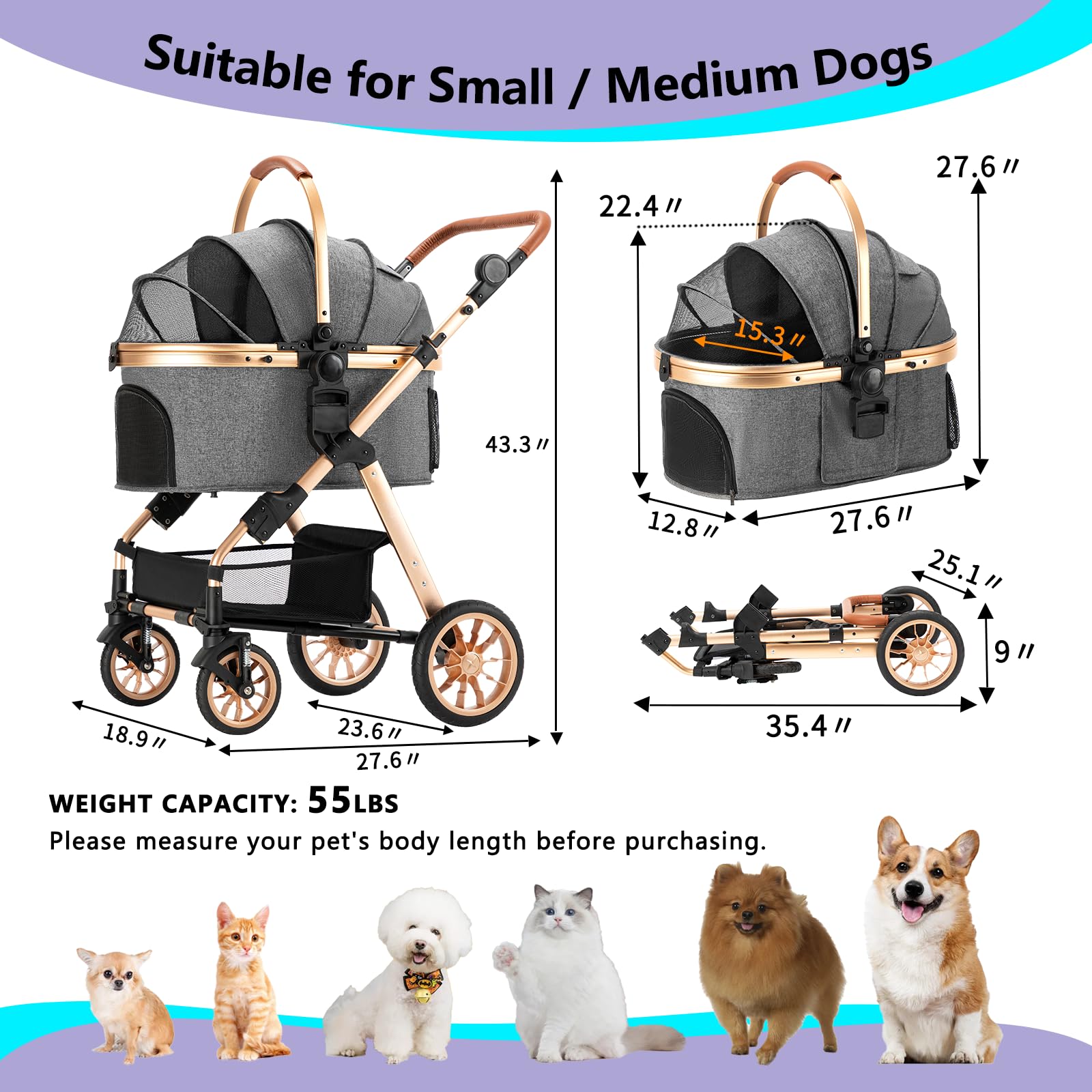 Foldable Lightweight Pet Stroller for Small & Medium Dogs - Portable Dog Carrier with Detachable Storage Basket (Gray) - Perfect for Walks, Travel & Outdoor Adventures