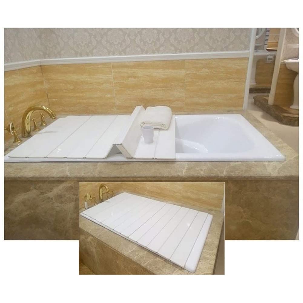 XXIOJUN White PVC Folding Bathtub Cover - 120x75x0.6cm Dustproof Insulated Bathtub Tray with Shutter Design for Wine Glasses, Books & Tablets - Spa Bathroom Organizer for Aromatherapy Relaxation (Customizable Size & Color)