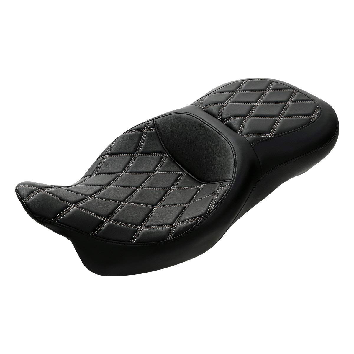 C.C. RIDER Driver Leather Passenger Seat - Fat Diamond 2-Up One-Piece for Harley Touring Road King Street Glide Road Glide Electra Glide 2009-2023 | Comfortable & Durable Motorcycle Seat for Long Rides & Two-Up Touring