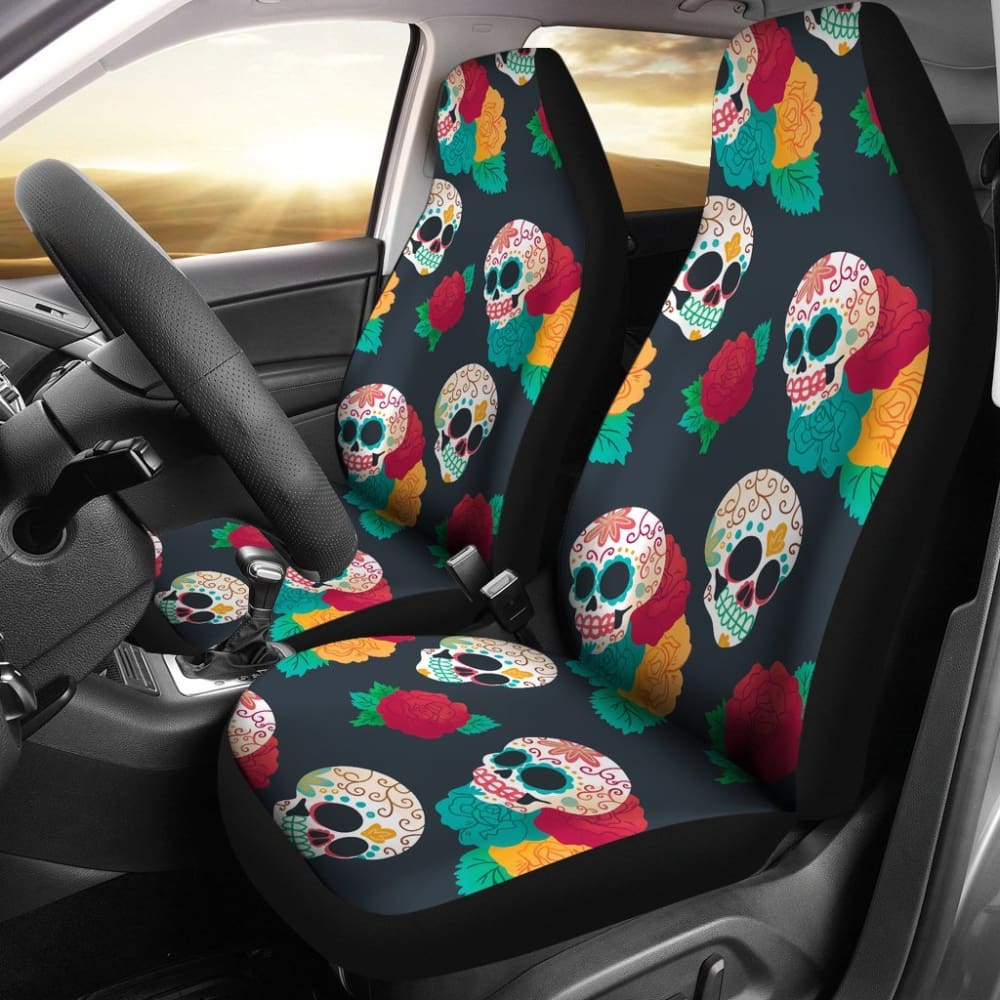 2 Pcs Floral Sugar Skull Day of The Dead Car Seat Covers - Mexican Style Decor for Halloween, Dia de Los Muertos Celebration & Car Interior Accessories