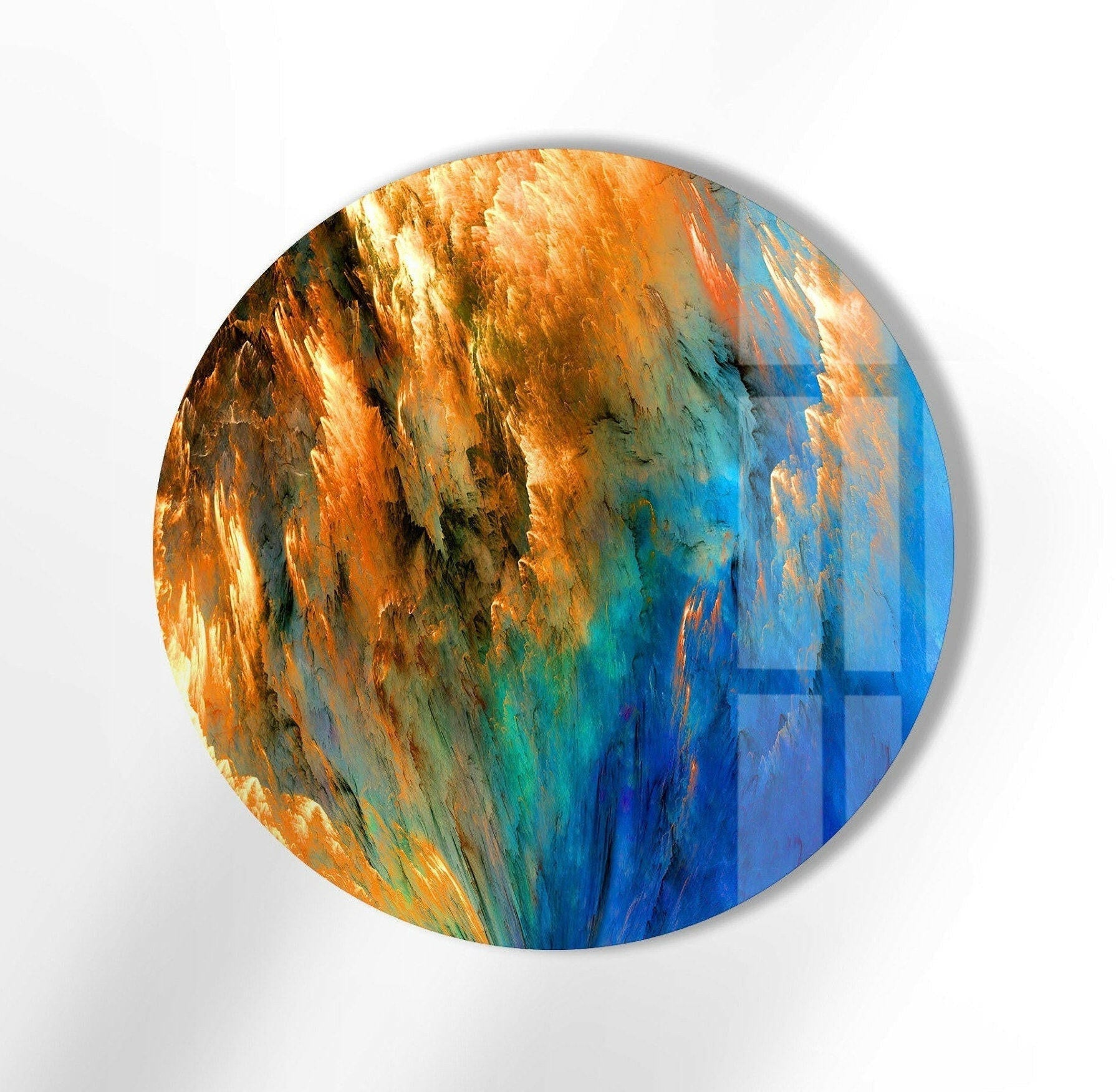 Blue & Orange Abstract Round Glass Wall Art Decor - Modern Handmade Glass Mosaic for Living Room, Bedroom, Office & Dining Area