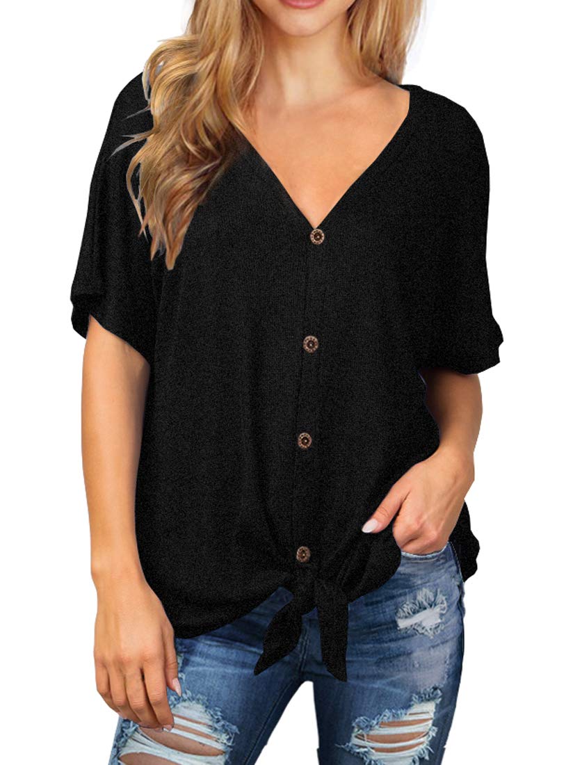 IWOLLENCE Women's Waffle Knit Tunic Blouse - Tie Knot Short Sleeve Henley Top, Loose Fit Batwing Shirt for Casual Wear, Office & Date Night Outfits
