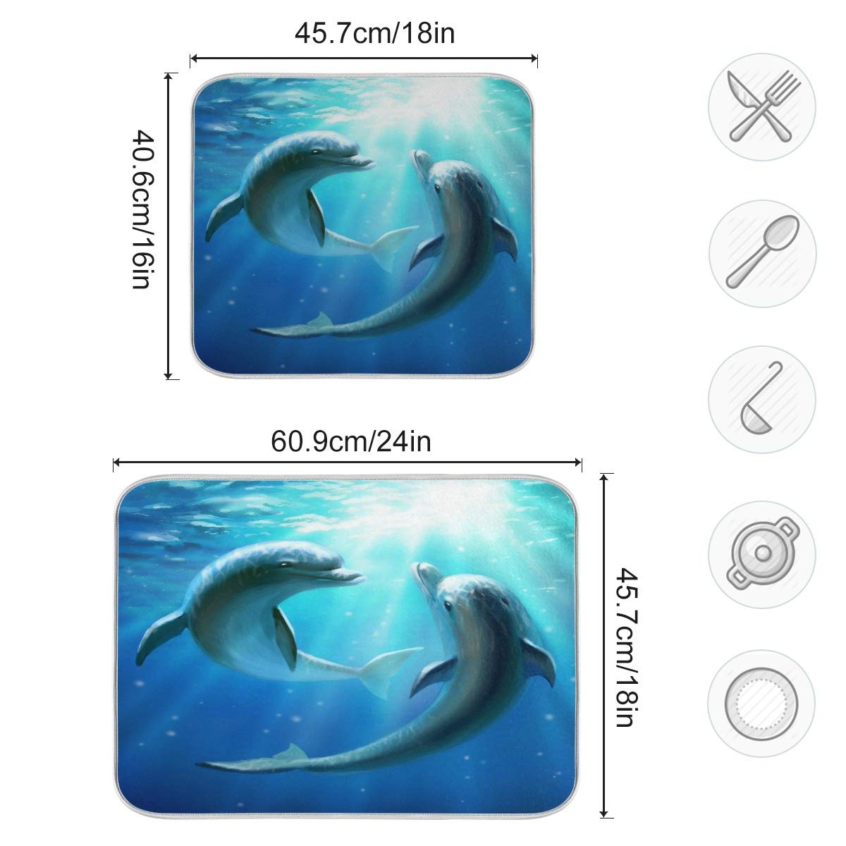 Blue Ocean Nautical Theme Dish Drying Mat 16x18 - Dolphins Underwater Design, Absorbent & Fast Dry Kitchen Accessories for Dishes, Perfect for Summer Beach House or Coastal Themed Kitchens