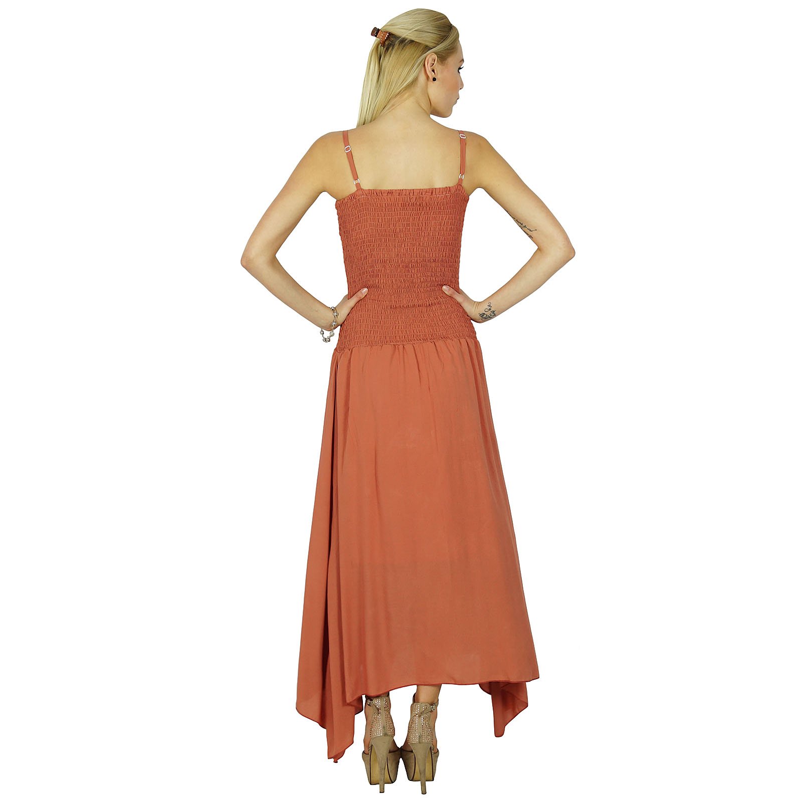 Bimba Women's Long Maxi Dress with Smocked Waist - Spaghetti Strap Casual Summer Dress in Rosy Brown | Perfect for Beach, Vacation & Outdoor Events