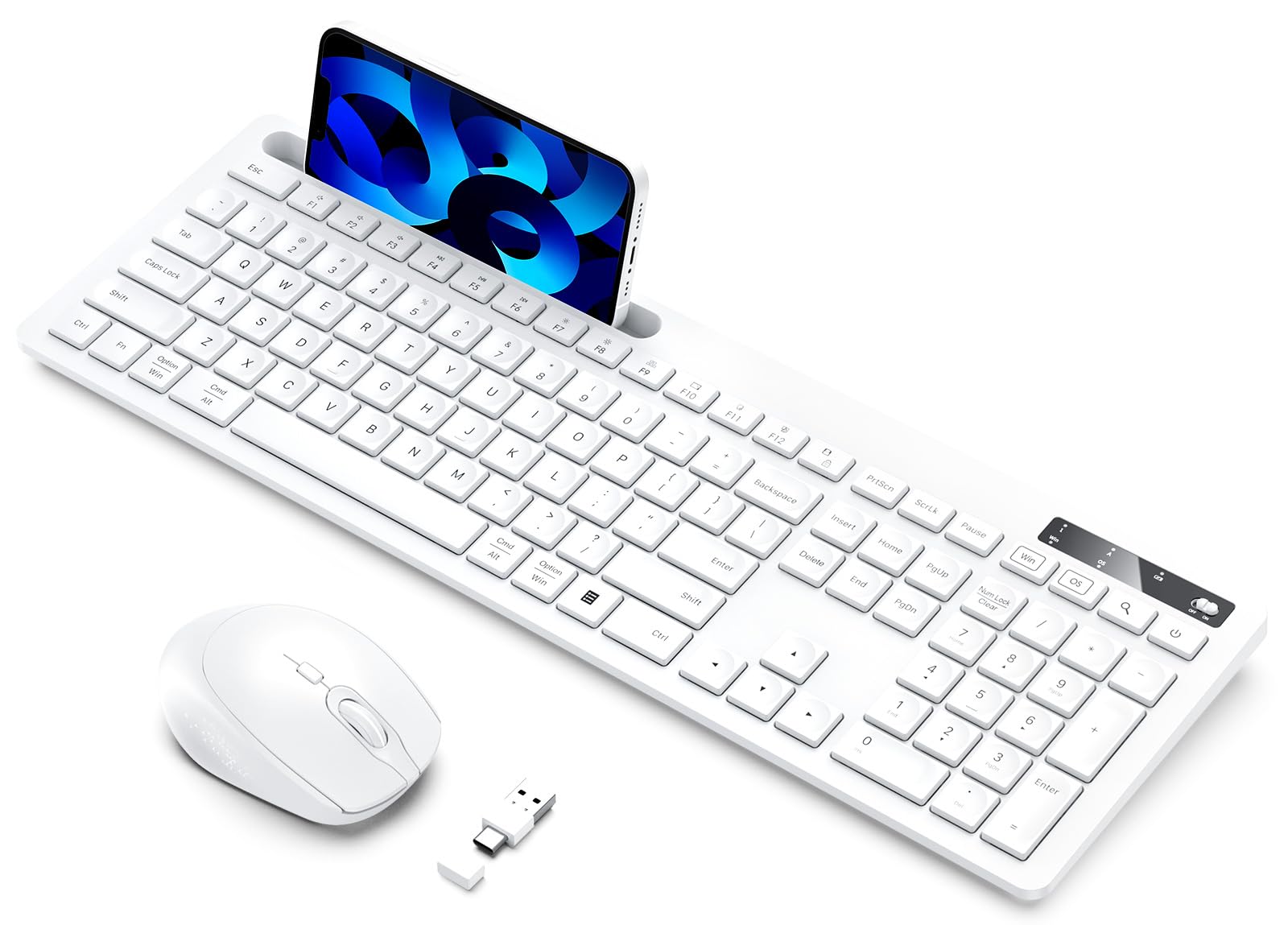 Vivefox White Wireless Keyboard and Mouse Combo for MacBook - Full-Size Bluetooth Keyboard with Phone Holder, USB A & Type C Receiver - Compatible with Mac, MacBook Air/Pro & Windows PC - Perfect for Home Office, Gaming & Remote Work