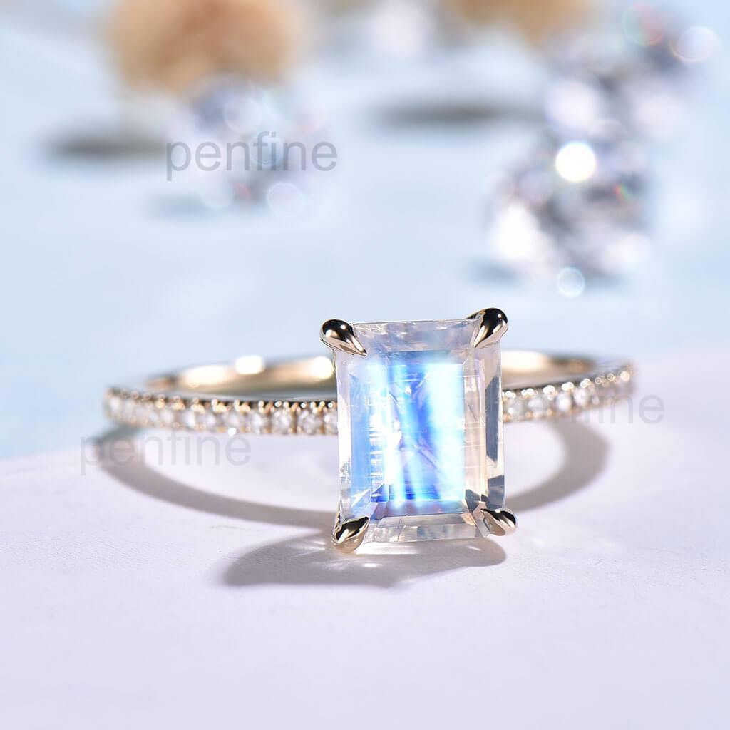 Emerald Cut Rainbow Moonstone Diamond Engagement Ring for Women – Elegant Wedding, Promise, or Anniversary Jewelry Gift