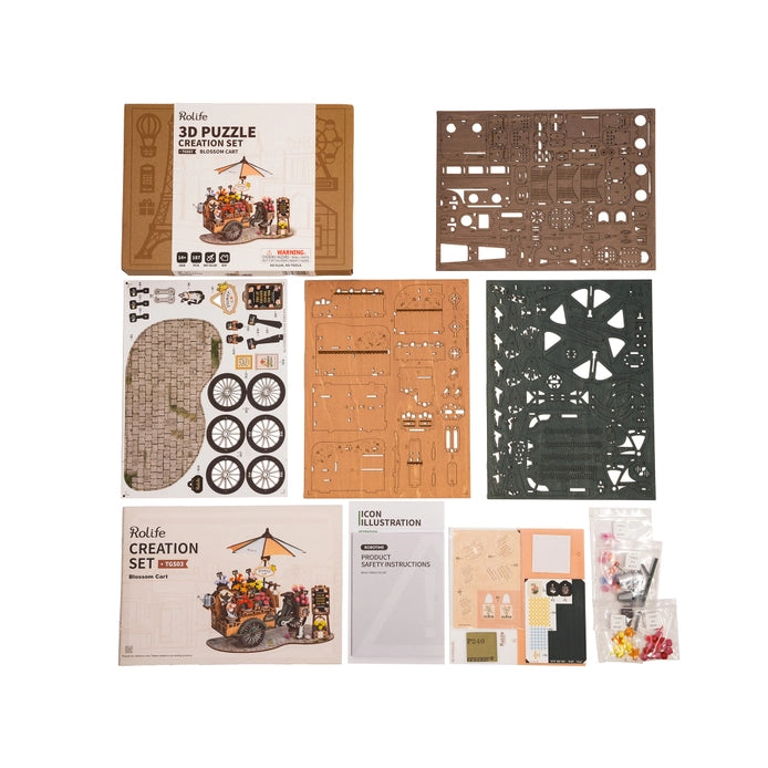 3D Wooden Puzzle Blossom Cart - DIY Wooden Model Kit for Adults & Teens - Creative Home Decor & Gift Idea for Puzzle Lovers - Perfect for Relaxation, Stress Relief & Family Bonding Activities