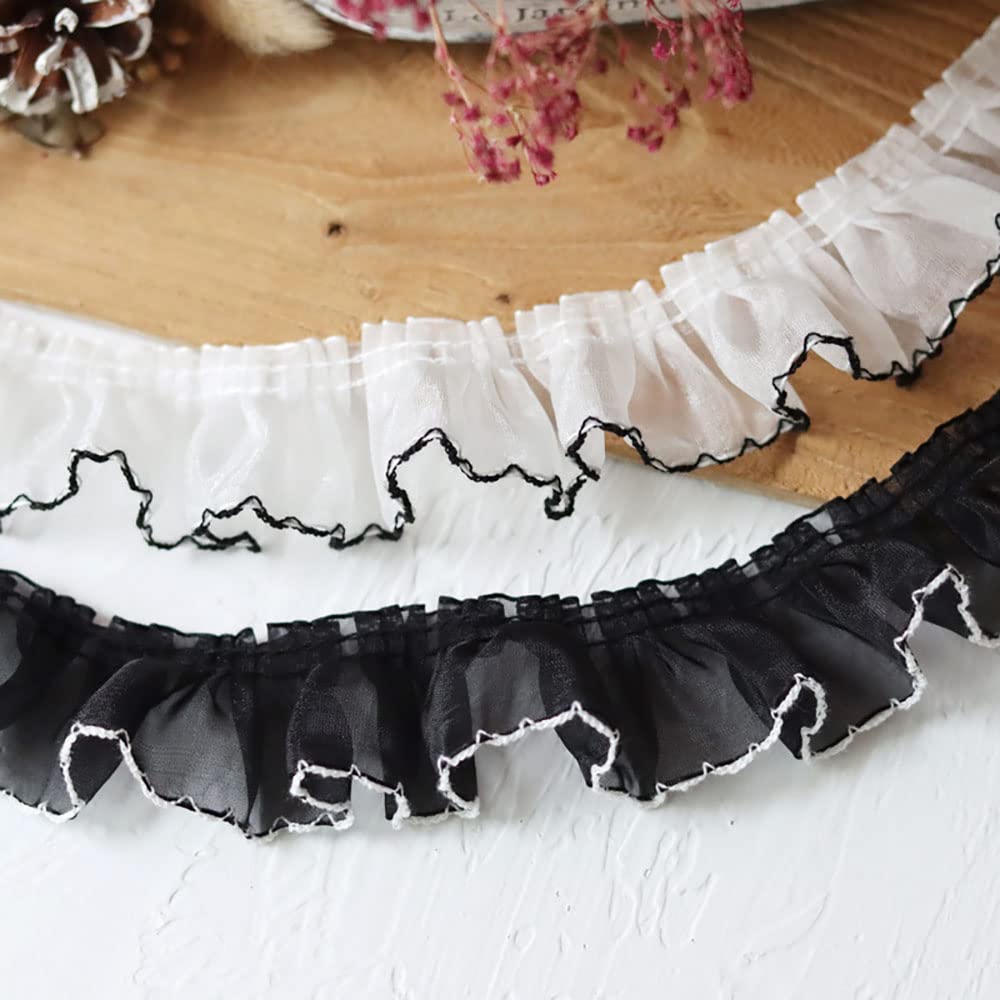 6 Yards Black and White Ruffled Pleated Lace Trim - Chiffon Fabric for Dress Decoration, Tulle Applique, DIY Sewing & Craft Projects - Perfect for Wedding Dresses, Costumes, Home Decor & Scrapbooking