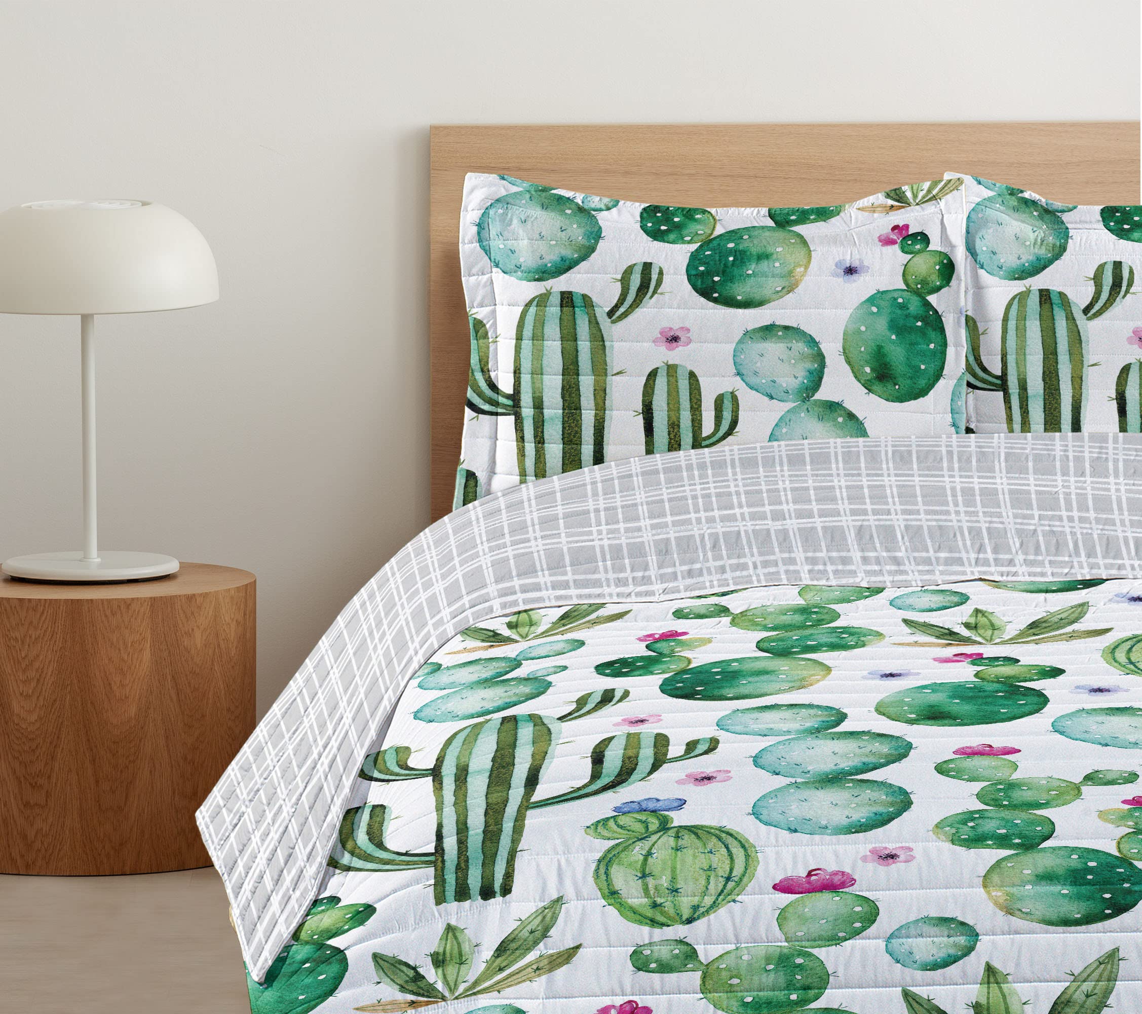 Ambesonne Reversible King Size Bedspread Set - Mexican Cactus Cartoon Print Microfiber Bedding with Pillow Shams in Lime Green & Pale Pink | Perfect for Southwestern Decor, Guest Room Makeover, and Cozy Bedroom Upgrade