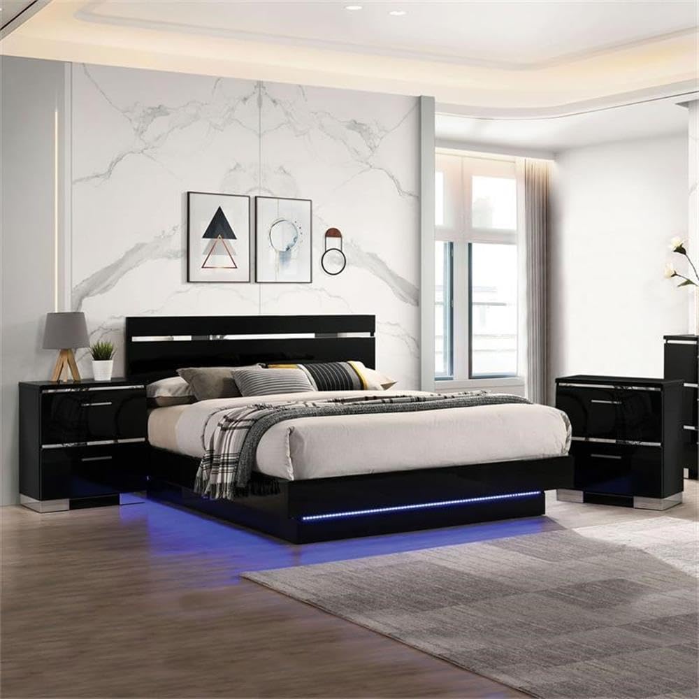 Furniture of America Malva 3-Piece Black Wood Bedroom Set - Queen Size Bed with 2 Nightstands for Modern Home Decor | Perfect for Master Bedroom, Guest Room & Apartment Furniture