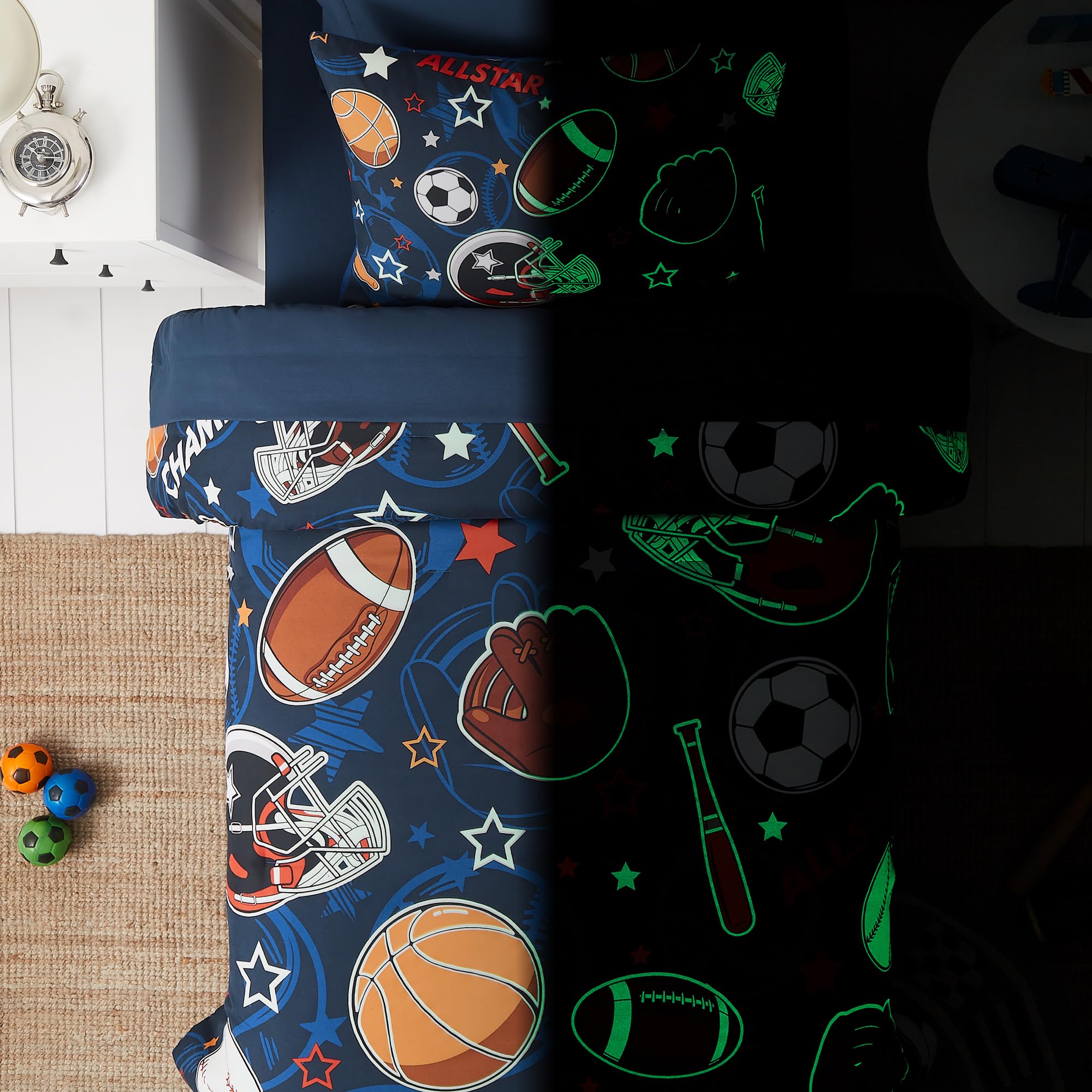 5-Piece Twin Kids Comforter Set for Boys & Girls - Glow in The Dark Sports Ball Design, Includes Sheets & Bedding - Perfect for Teen Bedrooms, Sleepovers & Game Room Decor