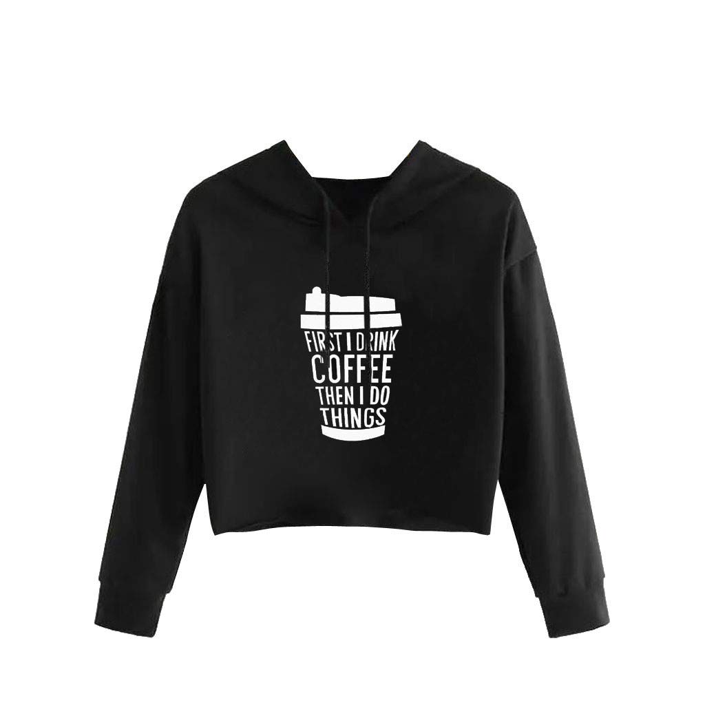Women's Coffee Print Long Sleeve Hoodie Sweatshirt & Crop Top Set - Casual Outfit for Coffee Lovers, Streetwear Fashion, Fall Layering