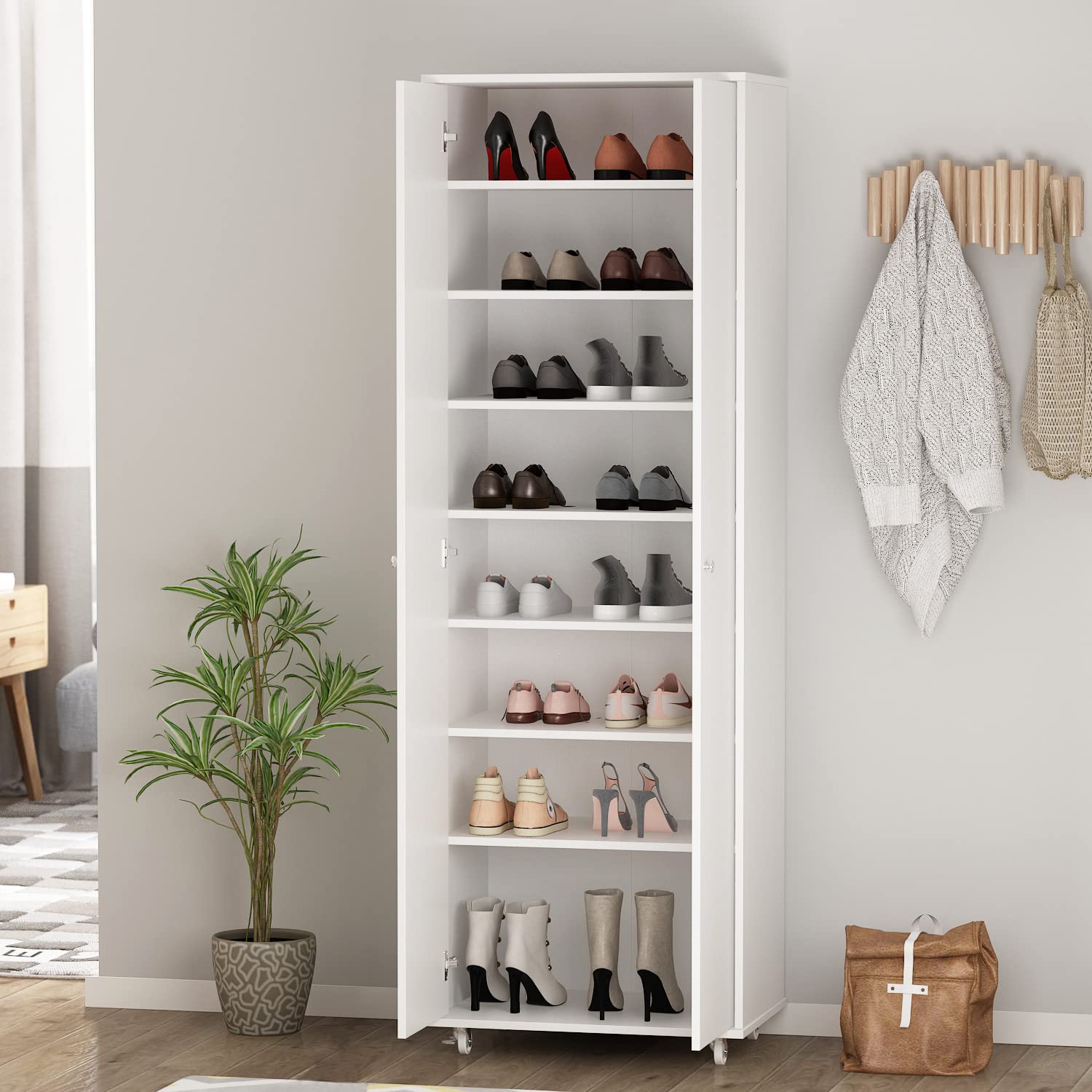 Hitow Large Shoe Cabinet with Wheels - Wooden 2 Door Tall Shoe Storage Organizer with 7 Adjustable Shelves - White Shoe Rack for Office, Home, Garage - Perfect for Entryway, Closet & Mudroom Organization