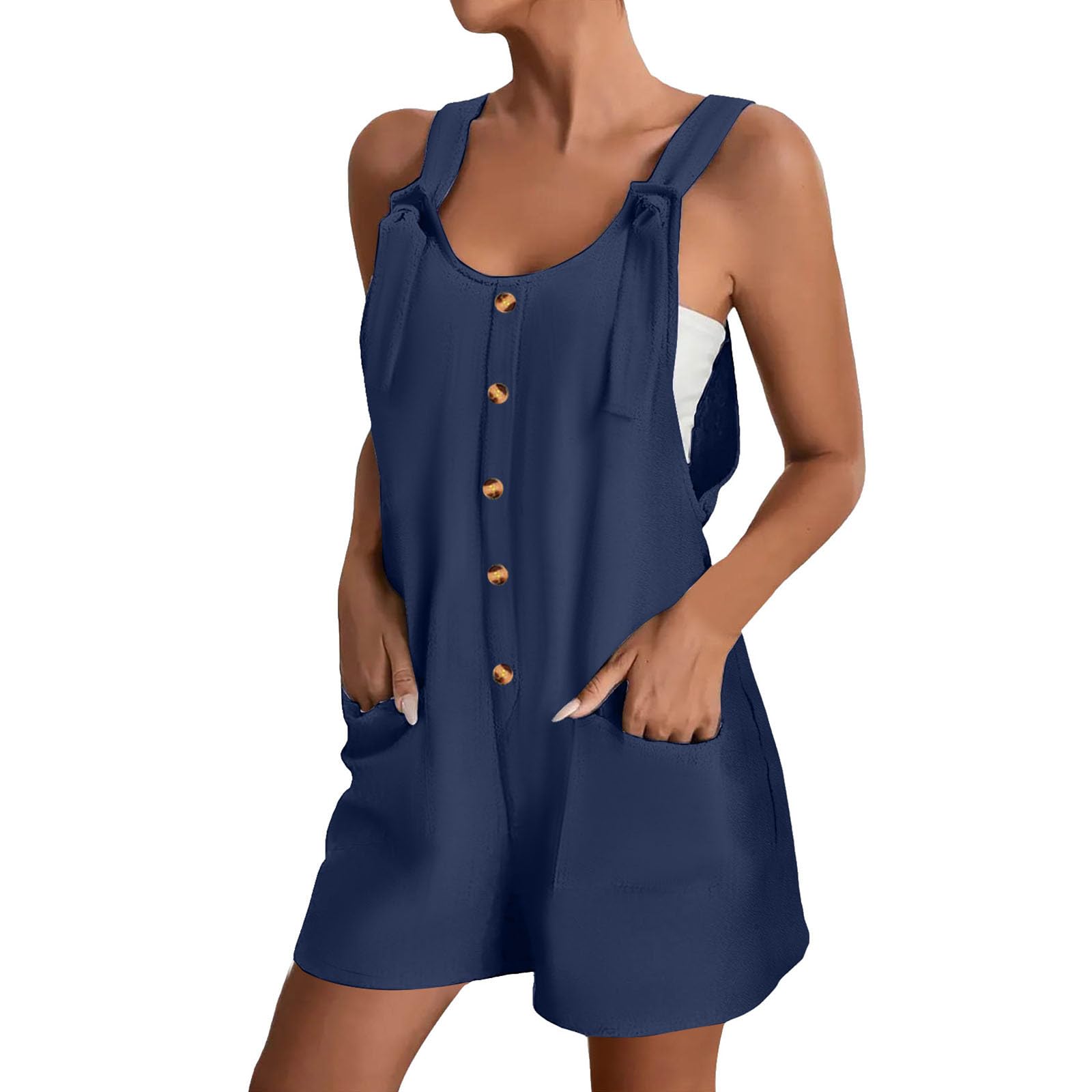 Luooli Women's Casual Loose Sleeveless Overalls Jumpsuit - One-Piece Wide Leg Romper with Pockets | Navy Blue Garden Overalls for Women (Size Large) | Perfect for Outdoor Activities, Gardening & Casual Wear