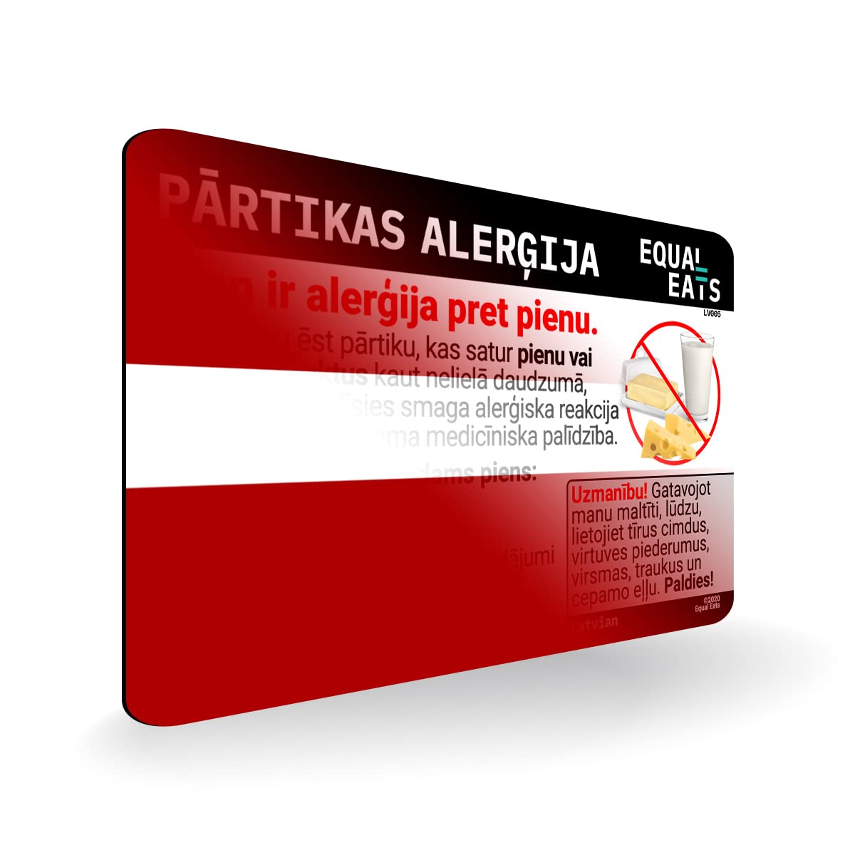 Latvian Milk Allergy Card - Plastic Medical Alert Chef Card for Dairy Allergies | Food Allergy Translation Card in Latvian & English | Restaurant & Travel Safety