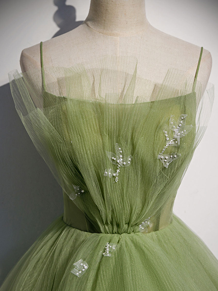 Elegant Green Beaded Tulle Prom Dress for Graduation & Formal Events - Long Sleeve Aline Gown for Homecoming, Ball, and Special Occasions