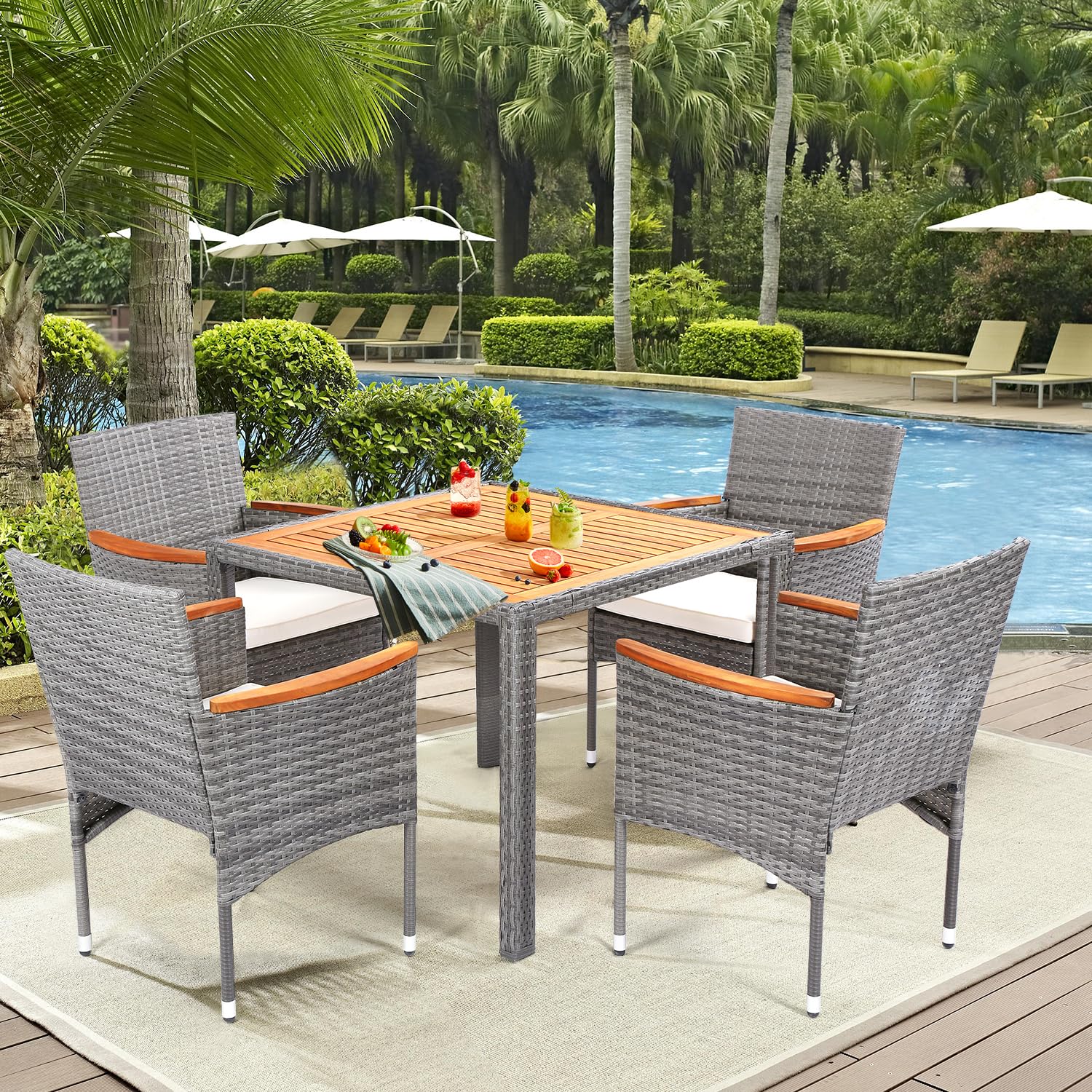 5-Piece Outdoor Patio Dining Set for 4 - Acacia Wood Table & Wicker Chairs - Grey Patio Furniture Set for Yard, Deck, Gazebo | Perfect for Backyard BBQs, Garden Parties & Outdoor Entertaining