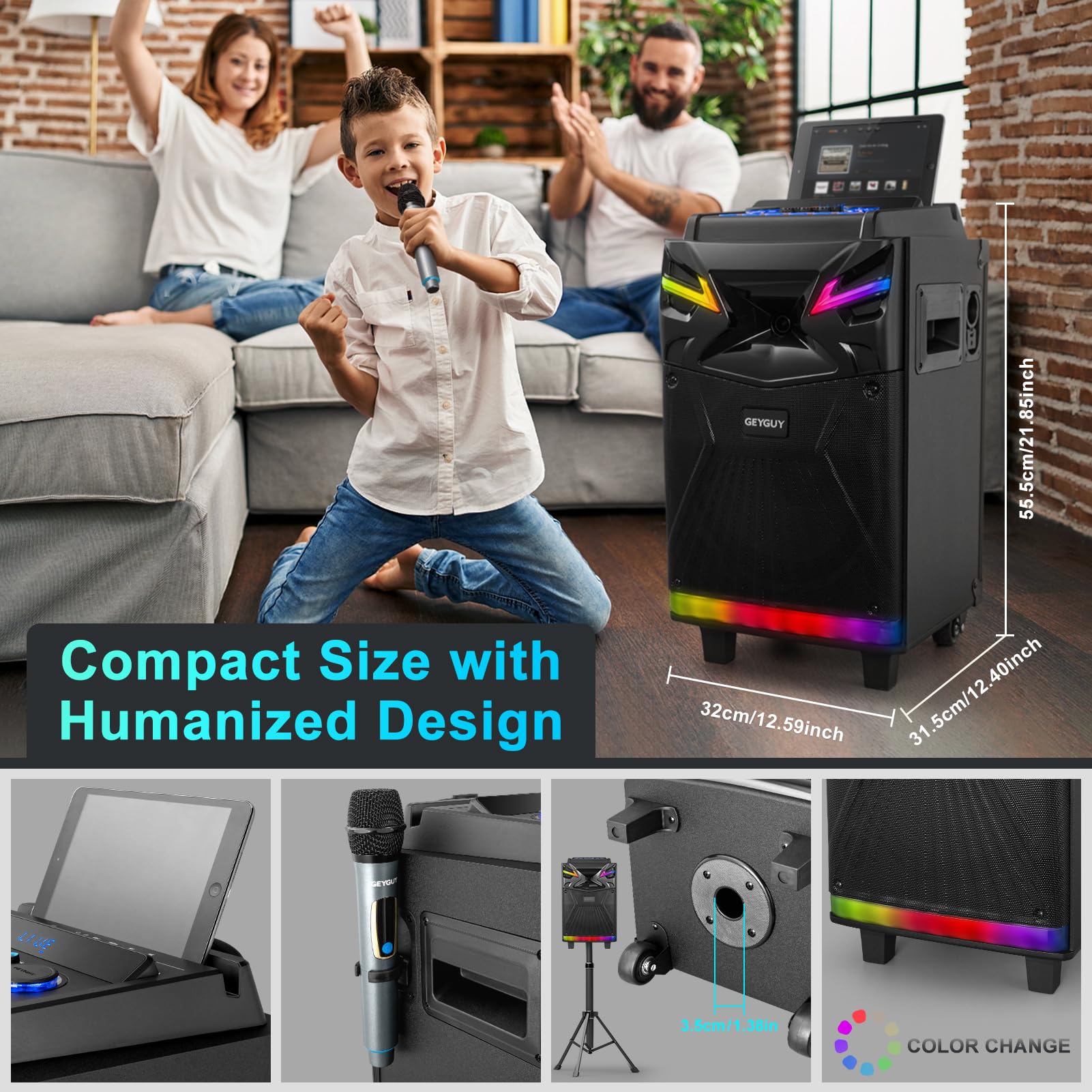 GTSK10-1 Professional Karaoke Machine with Bluetooth, 2 Wireless Mics & LED Lights - Portable PA System for Live Streaming, Voice Monitoring & Tablet Lyrics Display - Perfect for Home Parties, Church Events, DJ Performances & TV Singing Entertainment