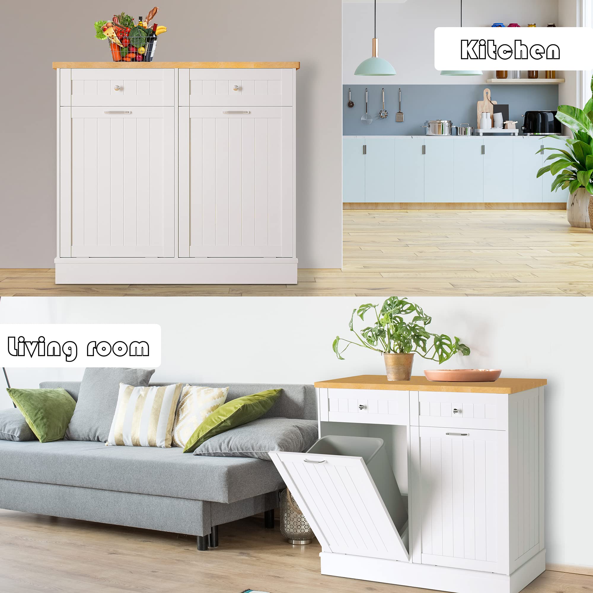 10 Gallon Double Tilt Out Trash Cabinet - Free Standing Recycling Bin for Kitchen, Living Room & Dining Room - Farmhouse Style White Trash Can with Storage - Perfect for Waste Sorting & Home Organization