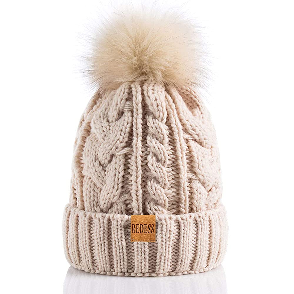 REDESS Women's Winter Pom Pom Beanie Hat - Fleece Lined Warm Knit Skull Cap for Cold Weather | Cozy Slouchy Snow Hat for Skiing, Snowboarding & Outdoor Activities