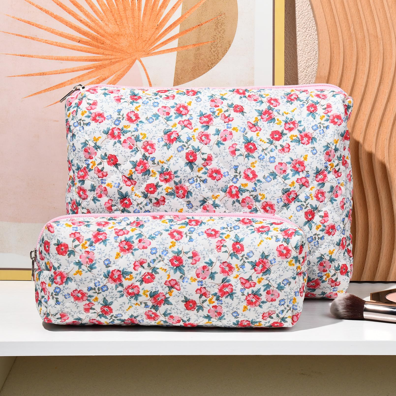 2 Pcs Quilted Floral Cosmetic Bags for Women - Large Cotton Travel Makeup Organizer, Puffer Toiletry Pouch for Girls - Perfect for Travel, Gym & Daily Beauty Essentials Storage