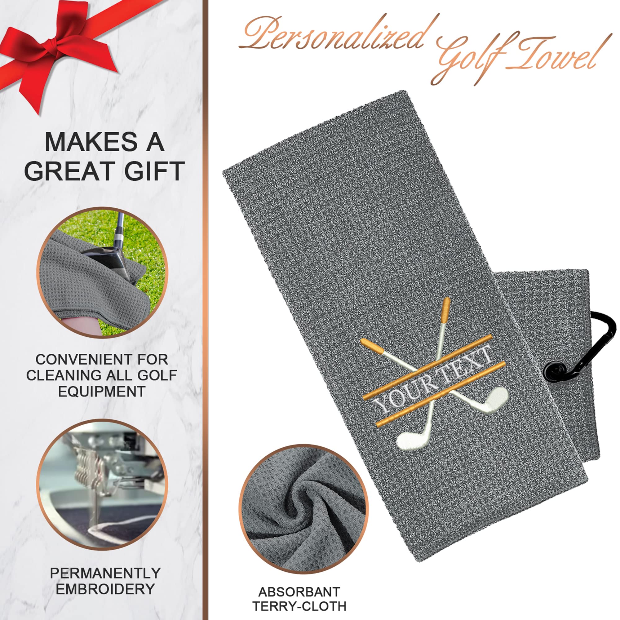Custom Embroidered Golf Towel with Clip - Personalized Golf Gifts for Men - Premium Golf Accessories for Golf Bags (Grey) - Perfect for Golf Tournaments, Practice Sessions & Club Events