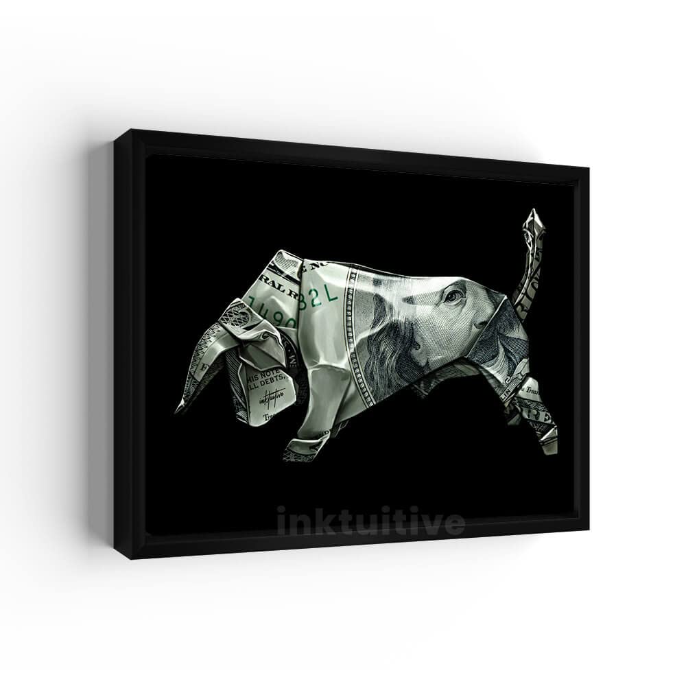 Inktuitive Bull Origami Money Wall Art - Motivational Office Decor, Black Canvas Framed Print 24x18 inches - Perfect for Home, Office & Gifts