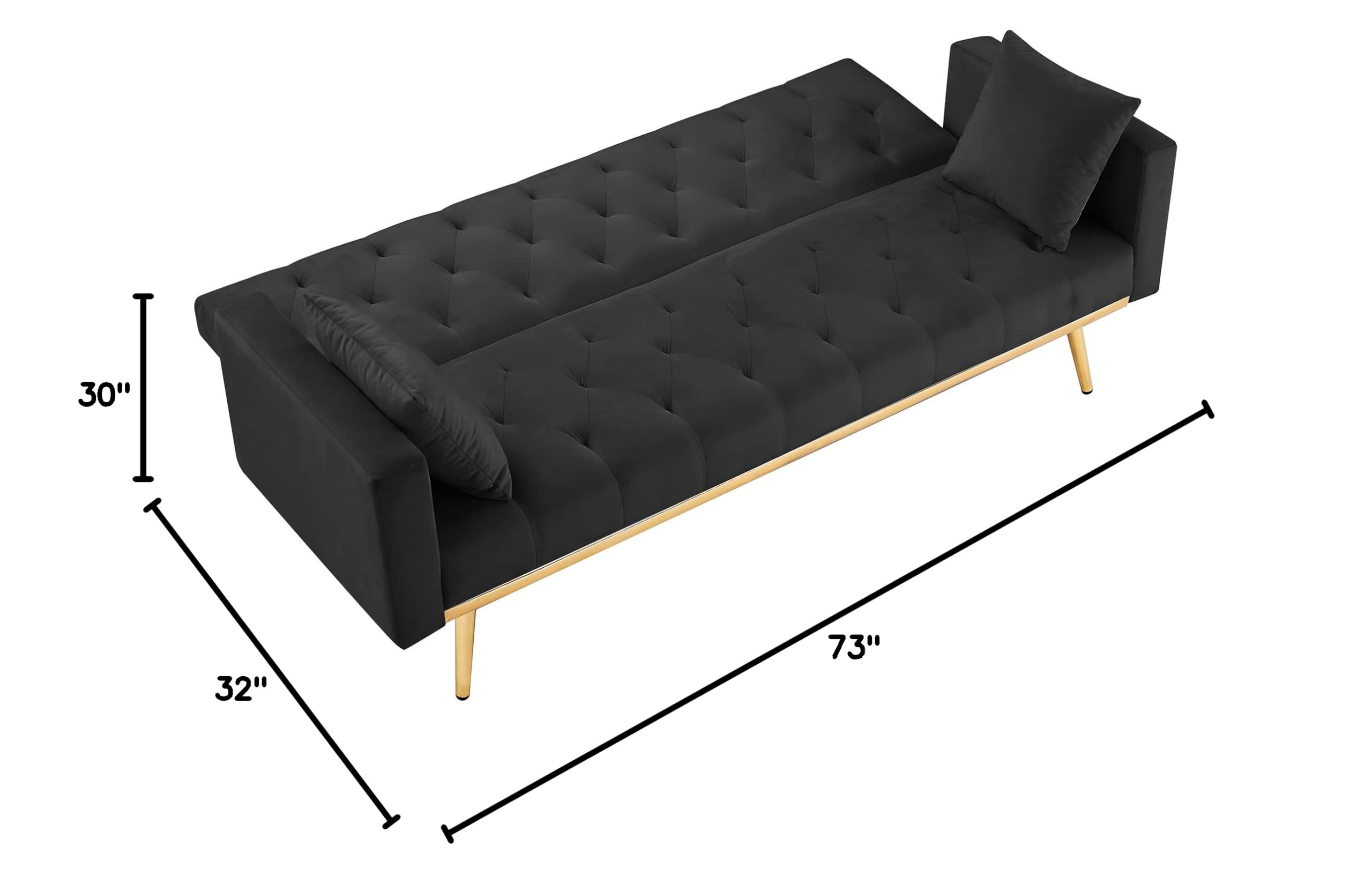 Modern Velvet Convertible Sleeper Sofa Bed with 2 Pillows - Adjustable Futon Loveseat with Gold Metal Legs for Living Room, Bedroom, Office - Perfect for Small Spaces & Guest Accommodations (Black)