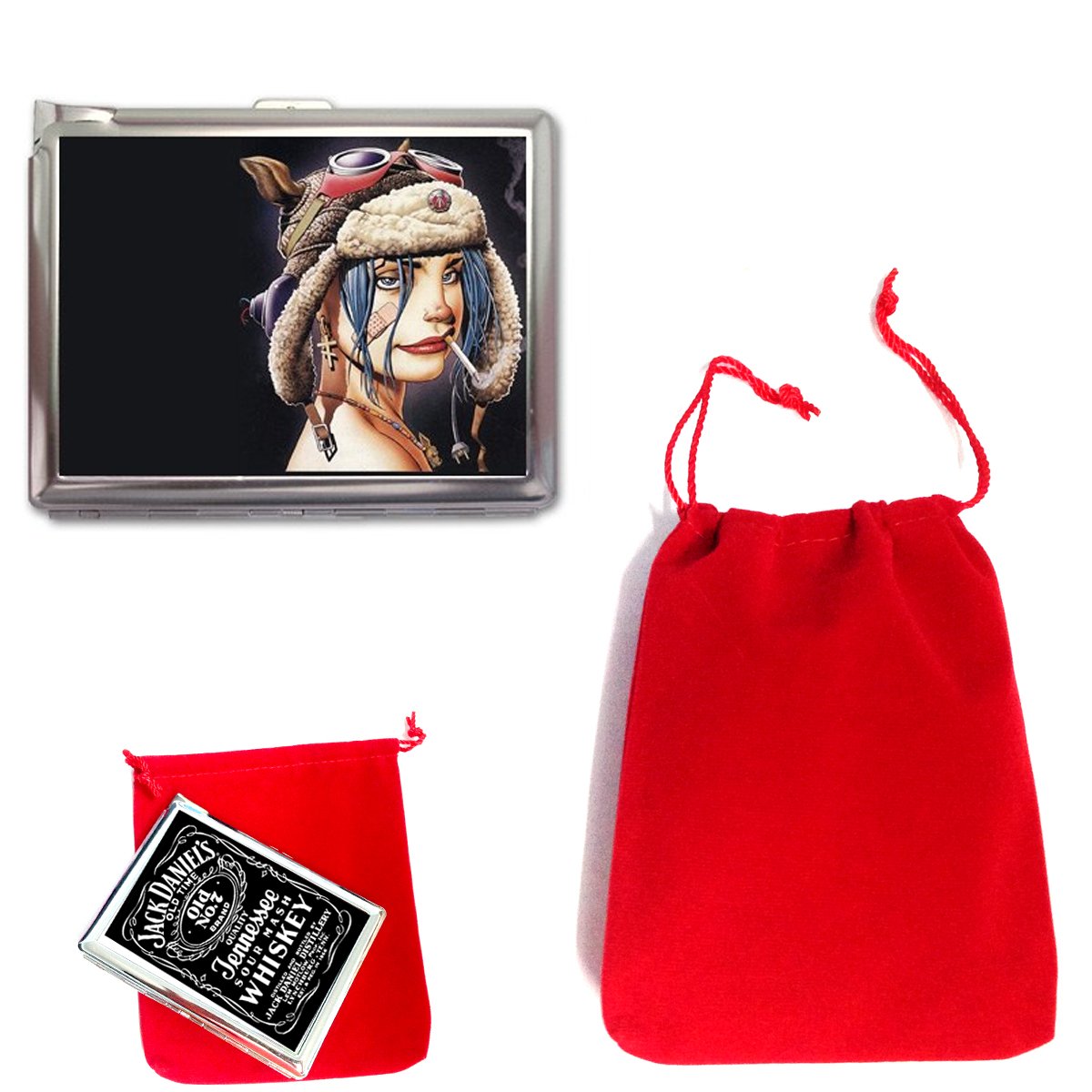 Tank Girl Cigarette Case with Built-in Lighter & Wallet Business Card Holder - Vintage Metal Accessory for Smoking, Night Out & Business Networking by SiamHandCraft