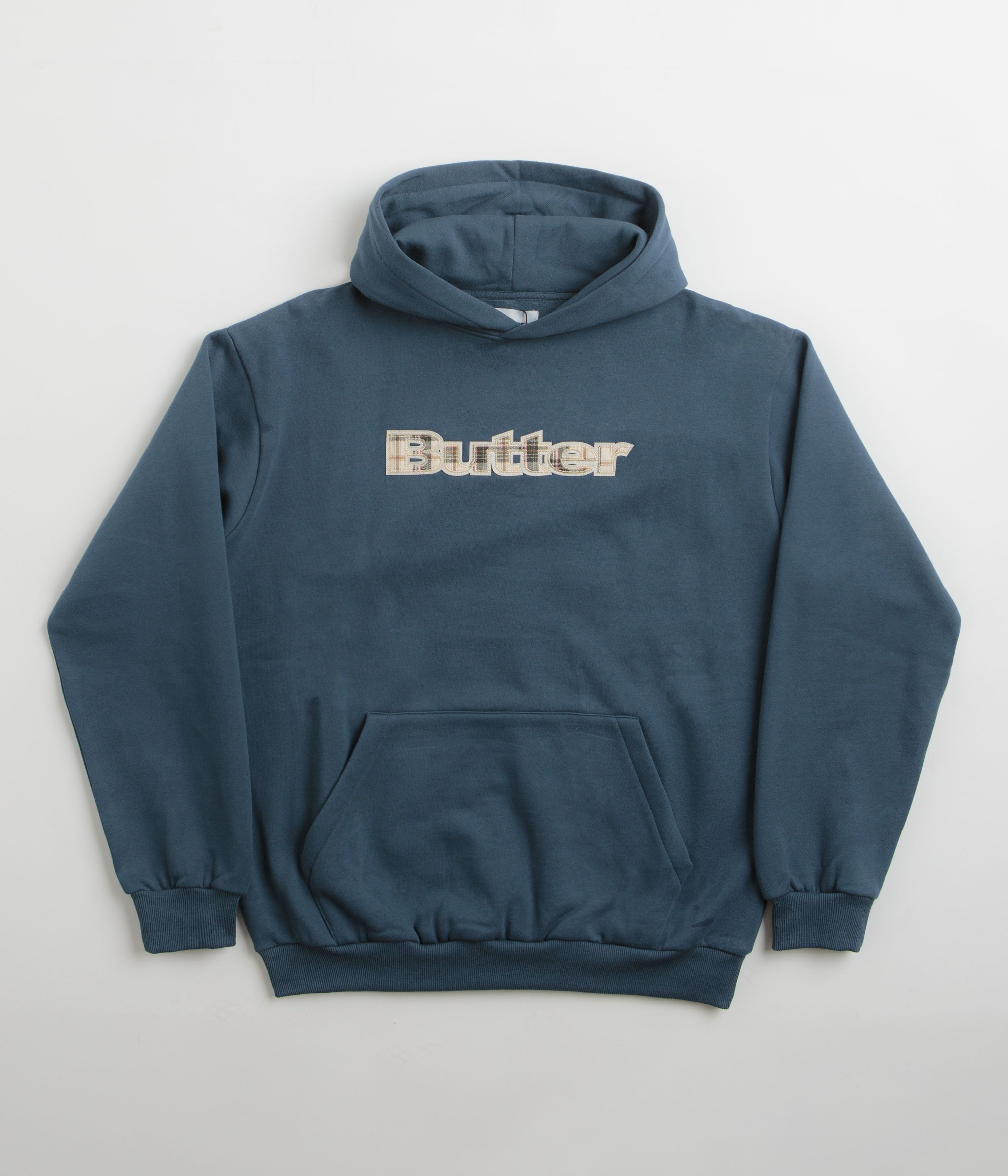 Butter Goods Plaid Applique Hoodie for Men & Women - Slate Blue Color, Cozy Fleece Pullover for Casual Wear & Street Style Fashion