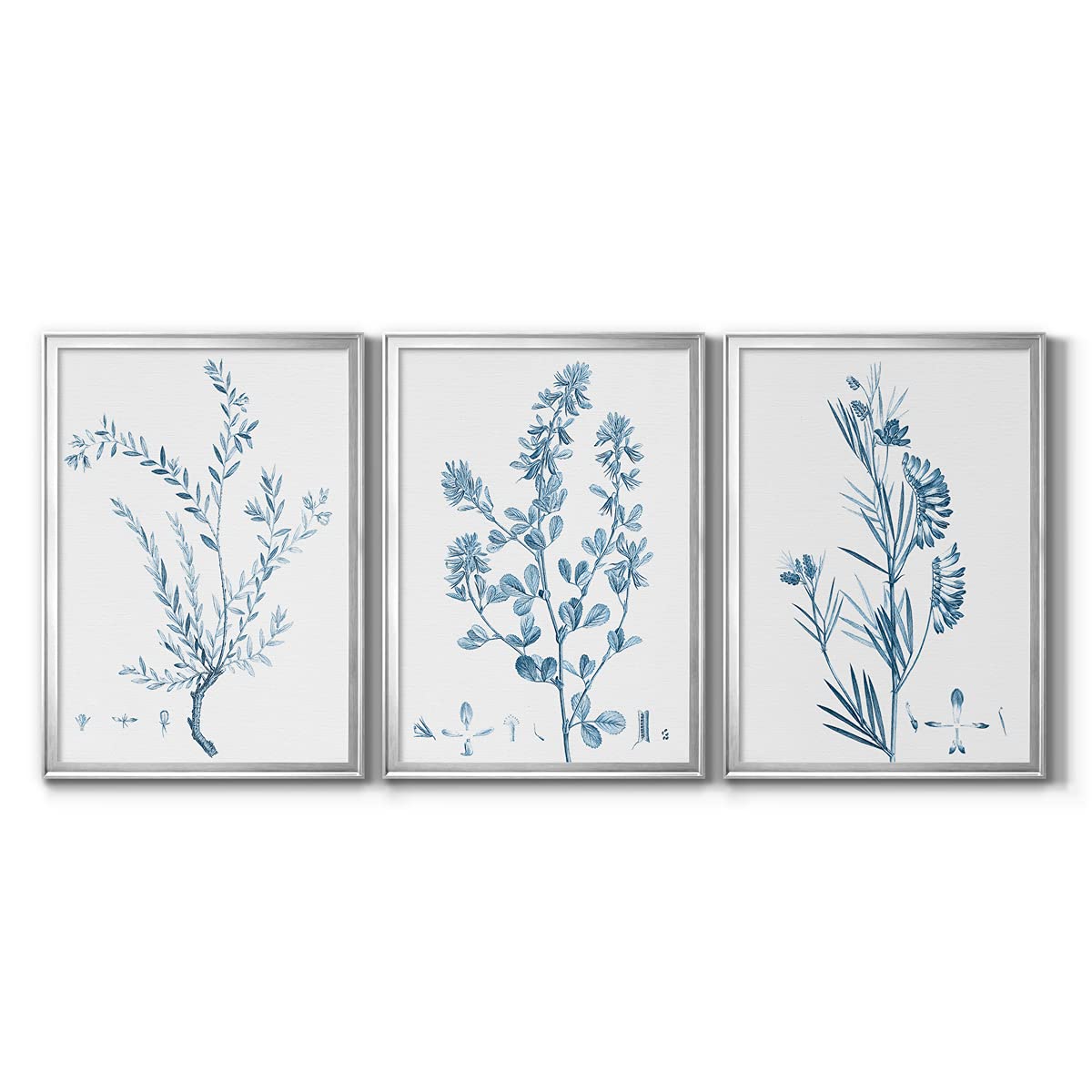 Renditions Gallery Wall Decor Set - 3 Piece Blue & Silver Framed Canvas Art for Living Room, Beach, Nautical, Bohemian, Country or Antique Botanical Theme | 26x36 Inch Panels | Perfect for Home, Office or Coastal Cottage Decor