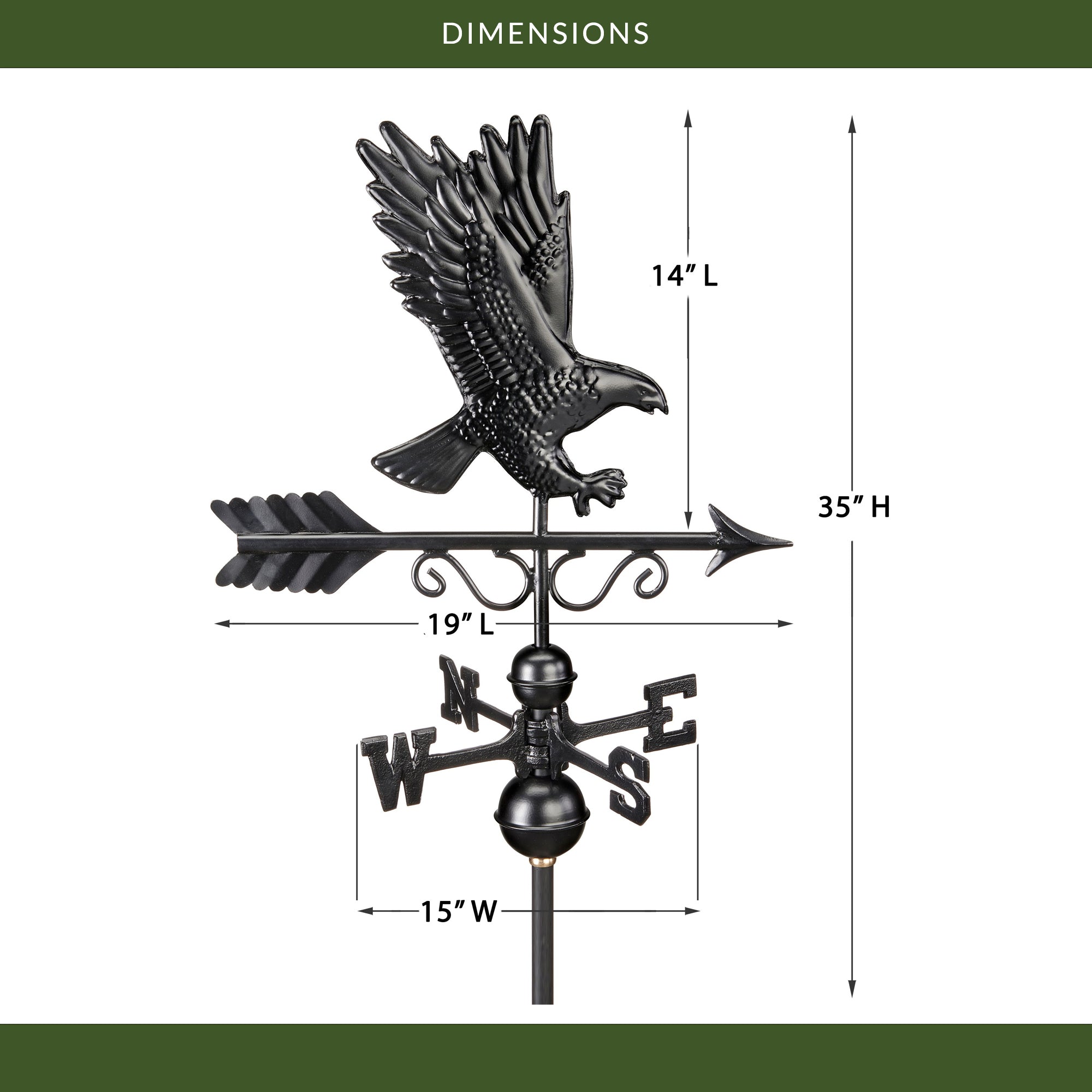 Black Aluminum Majestic Eagle Weathervane - Classic Garden & Roof Decor for Outdoor Elegance | Perfect for Farmhouse, Barn, or Patio Decoration