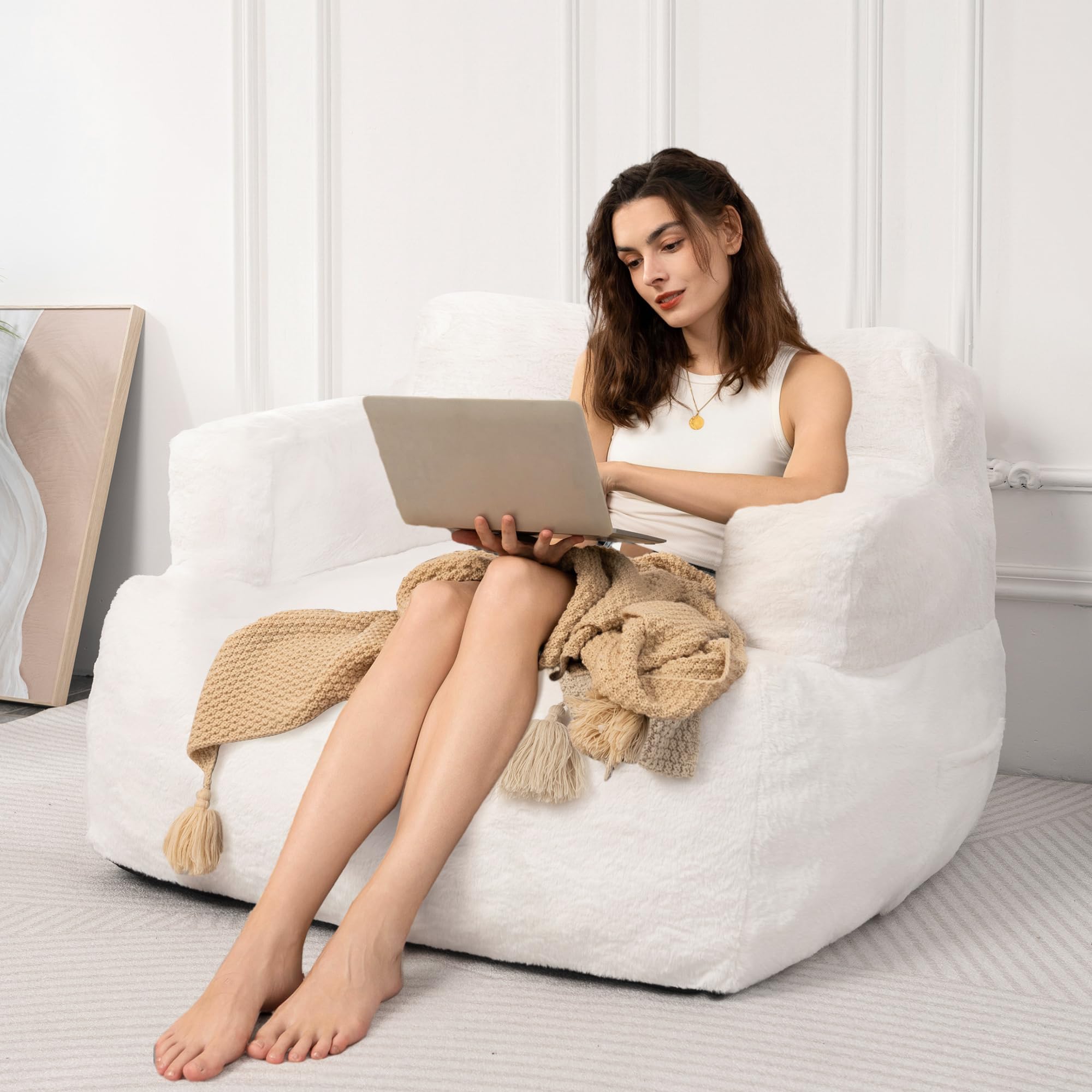MAXYOYO Bean Bag Chair for Adults & Kids - Soft Lazy Sofa with Armrests, Comfortable Lounge Chair for Living Room, Bedroom, Dorm - Beige | Perfect for Relaxing, Reading & Gaming