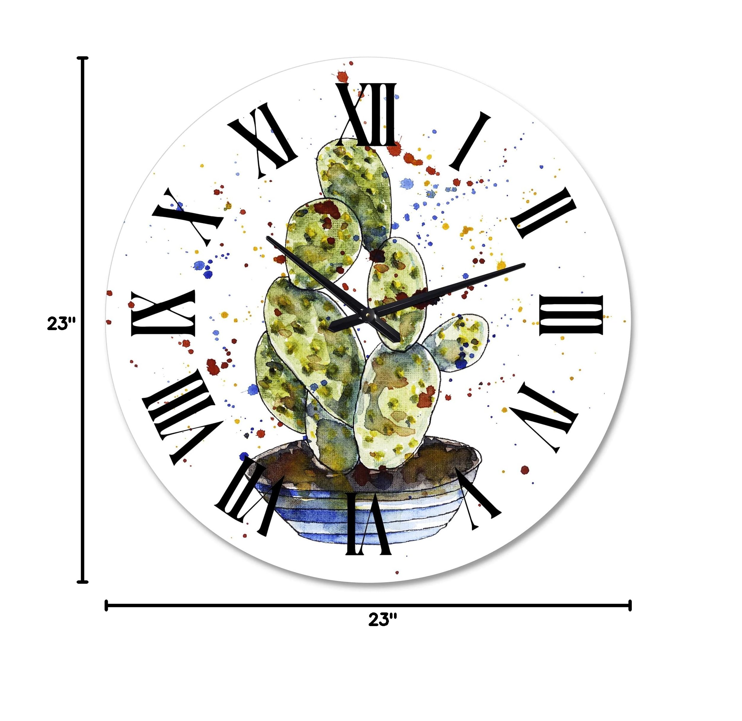 DesignQ Traditional Wall Clock 'Cactus Houseplant' - Large Floral & Botanical Wall Clock for Home, Office, Living Room Decor - Perfect for Farmhouse, Boho & Modern Interior Design