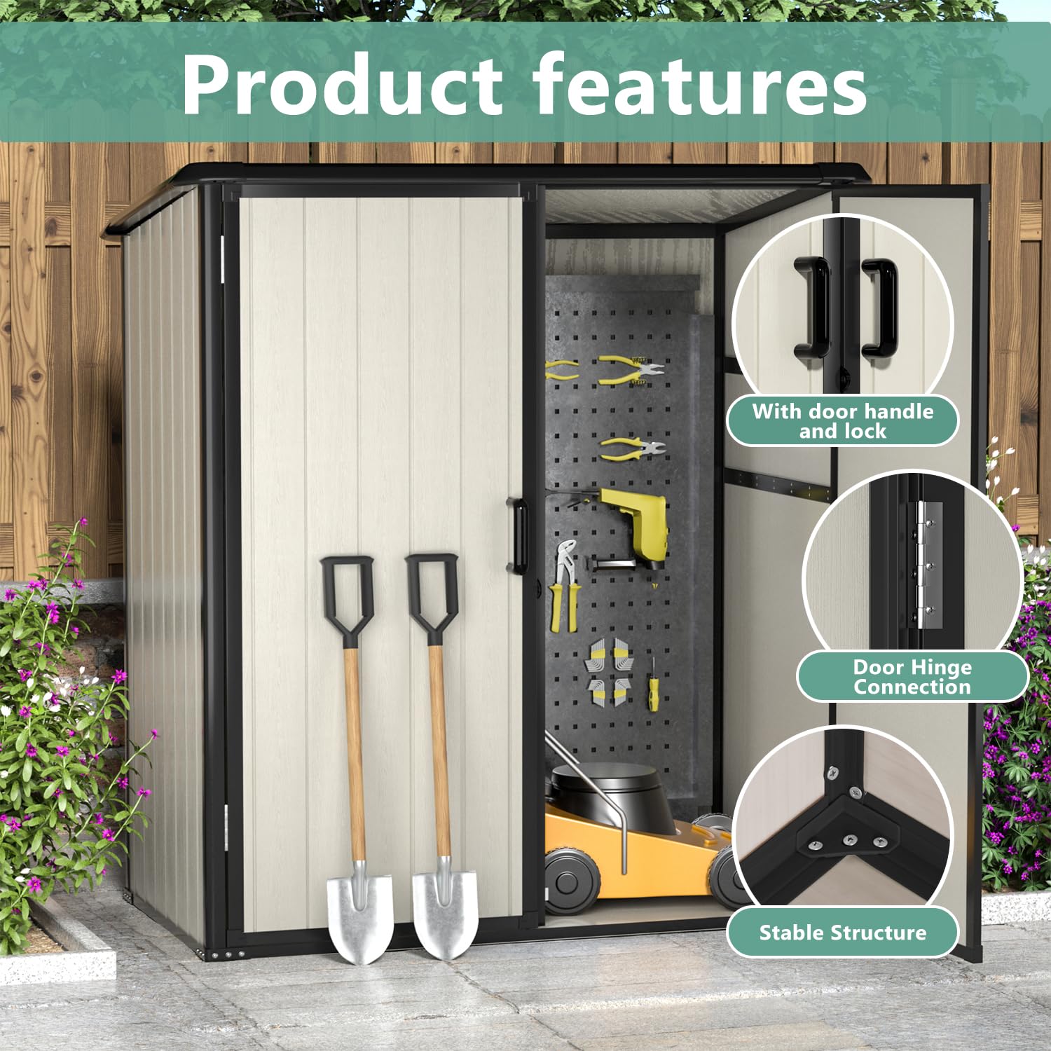 Aoxun 5x3FT Outdoor Storage Shed - Durable Resin Garden Shed with Floor & Lockable Door - Waterproof Plastic Storage for Bikes, Tools, Lawn Equipment, Trash Cans & Garden Accessories (Beige) - Perfect for Backyard, Patio & Garage Organization