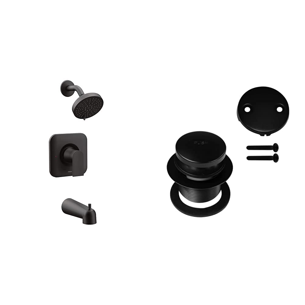 Moen T2473EPBL Genta Posi-Temp Pressure Balancing Eco-Performance Modern Tub and Shower Trim in Matte Black - Includes Valve & Westbrass Tip Toe Tub Trim Set with Two-Hole Overflow Faceplate - Perfect for Bathroom Renovation and Modern Home Decor