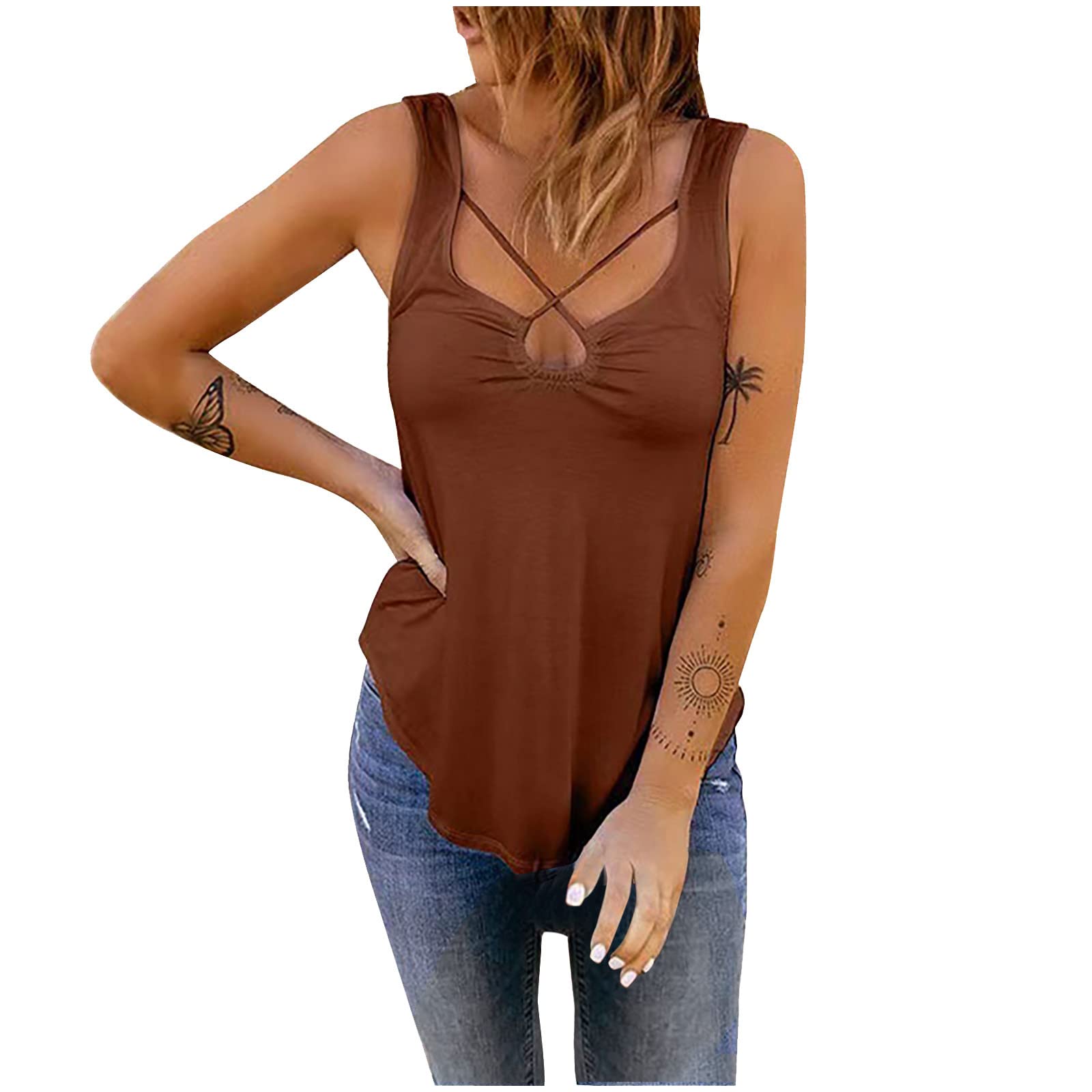 Women's Casual Sleeveless Cross Front Solid Pullover Blouse - Comfy Thin Summer Tank Top with Hollow Out Design for Daily Wear, Beach & Vacation Outfits