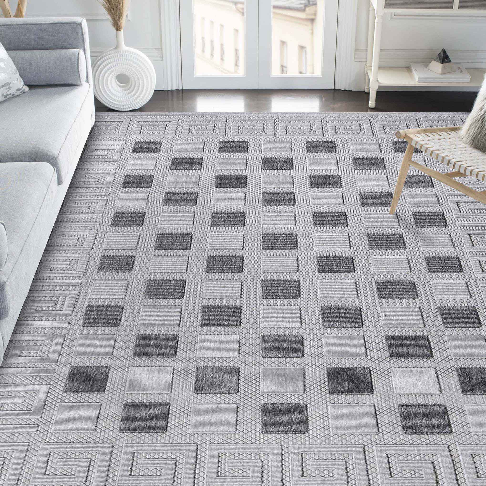 Modern Geometric Greek Key Pattern Rug - Non-Slip Indoor Outdoor Area Carpet for Living Room, Bedroom, Patio & Deck - Soft & Durable Home Decor