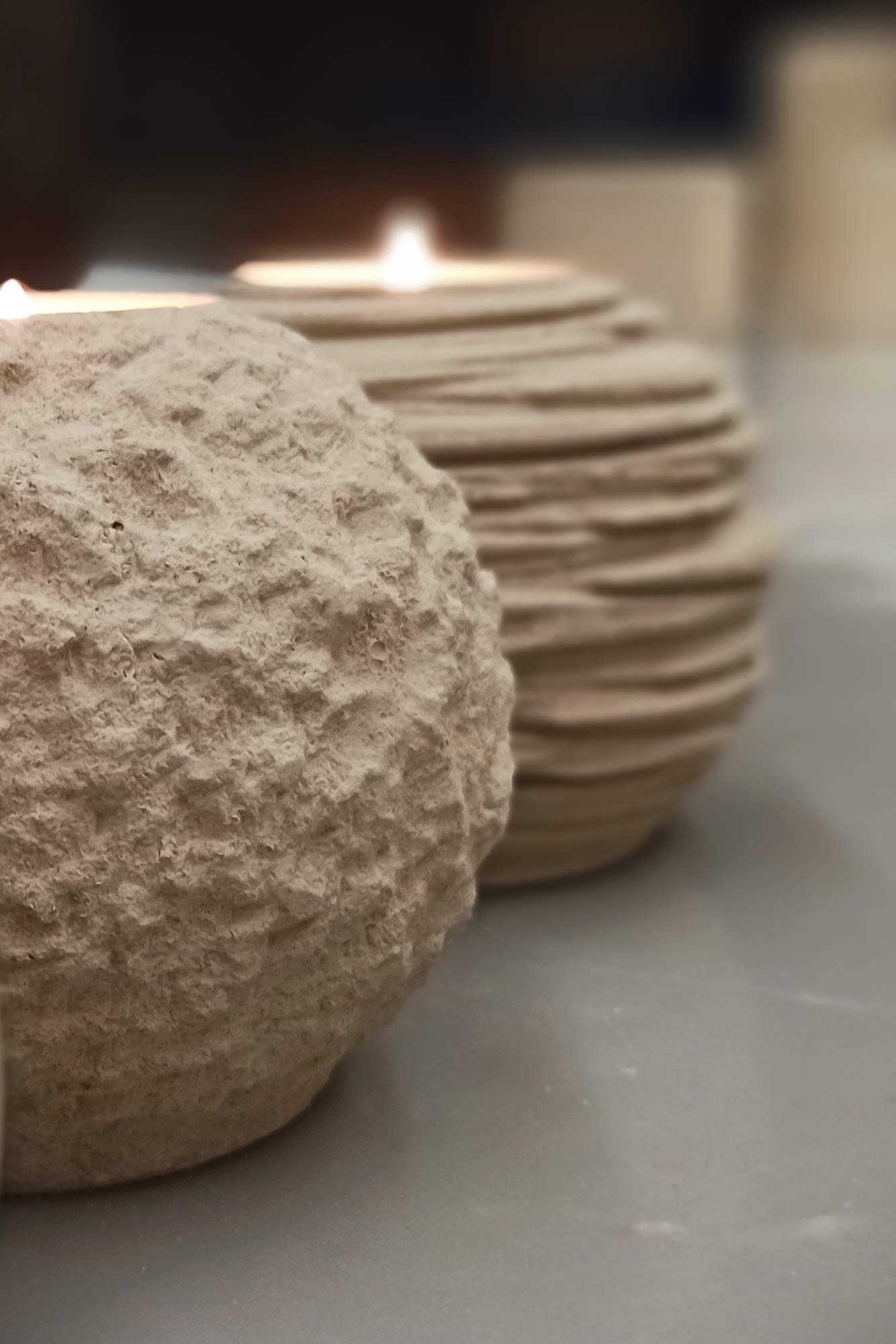 Set of 2 Handmade Italian Stone Sphere Candle Holders - Rough & Grooved Design with Gift Box, Candles & Blank Message Card - Home Decor for Shelves, Coffee Tables, Dining Room Centerpieces | Perfect for Romantic Dinners, Wedding Decor & Spa Ambiance