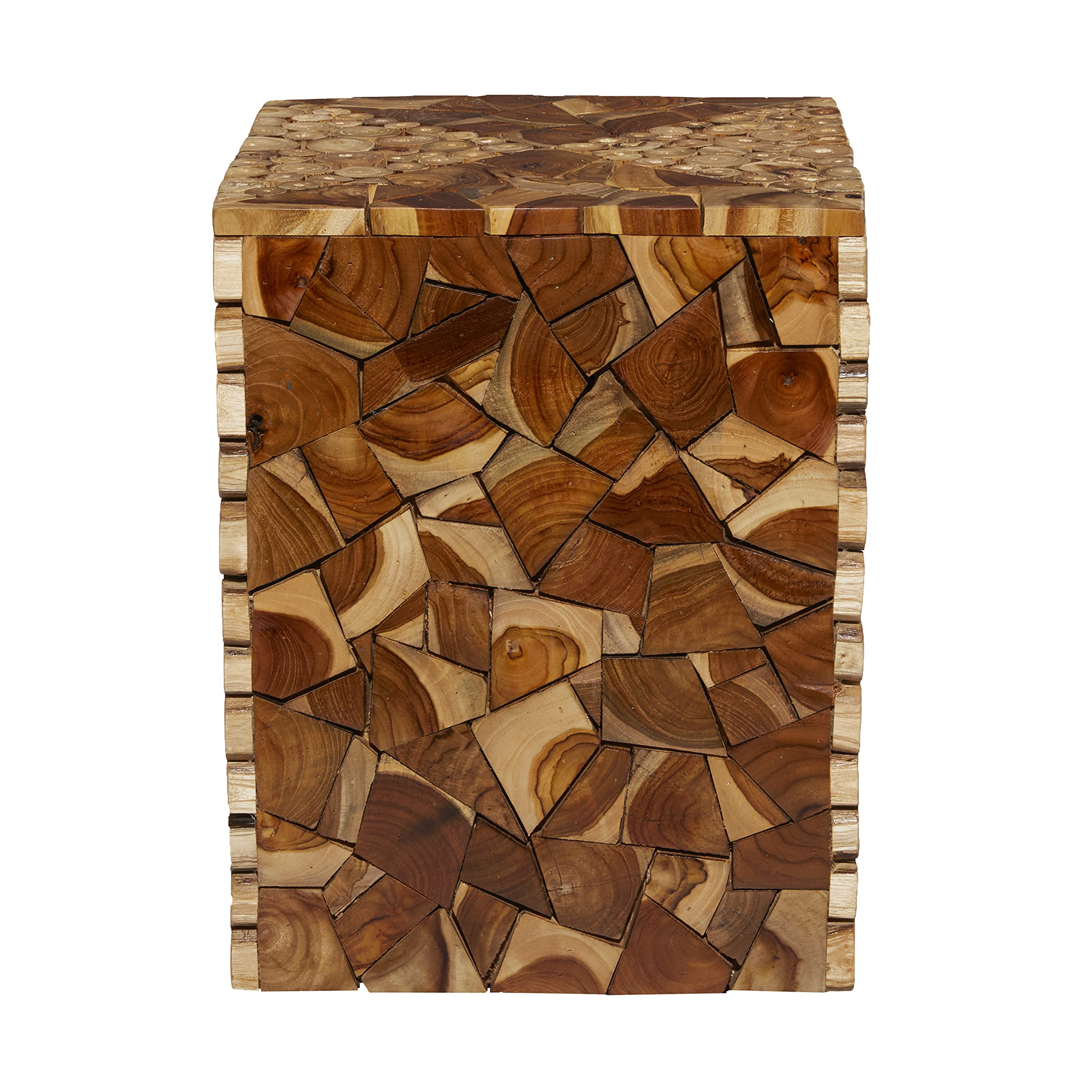 Handcrafted Teak Wood Accent Table with Mosaic Wood Chip Design - 14
