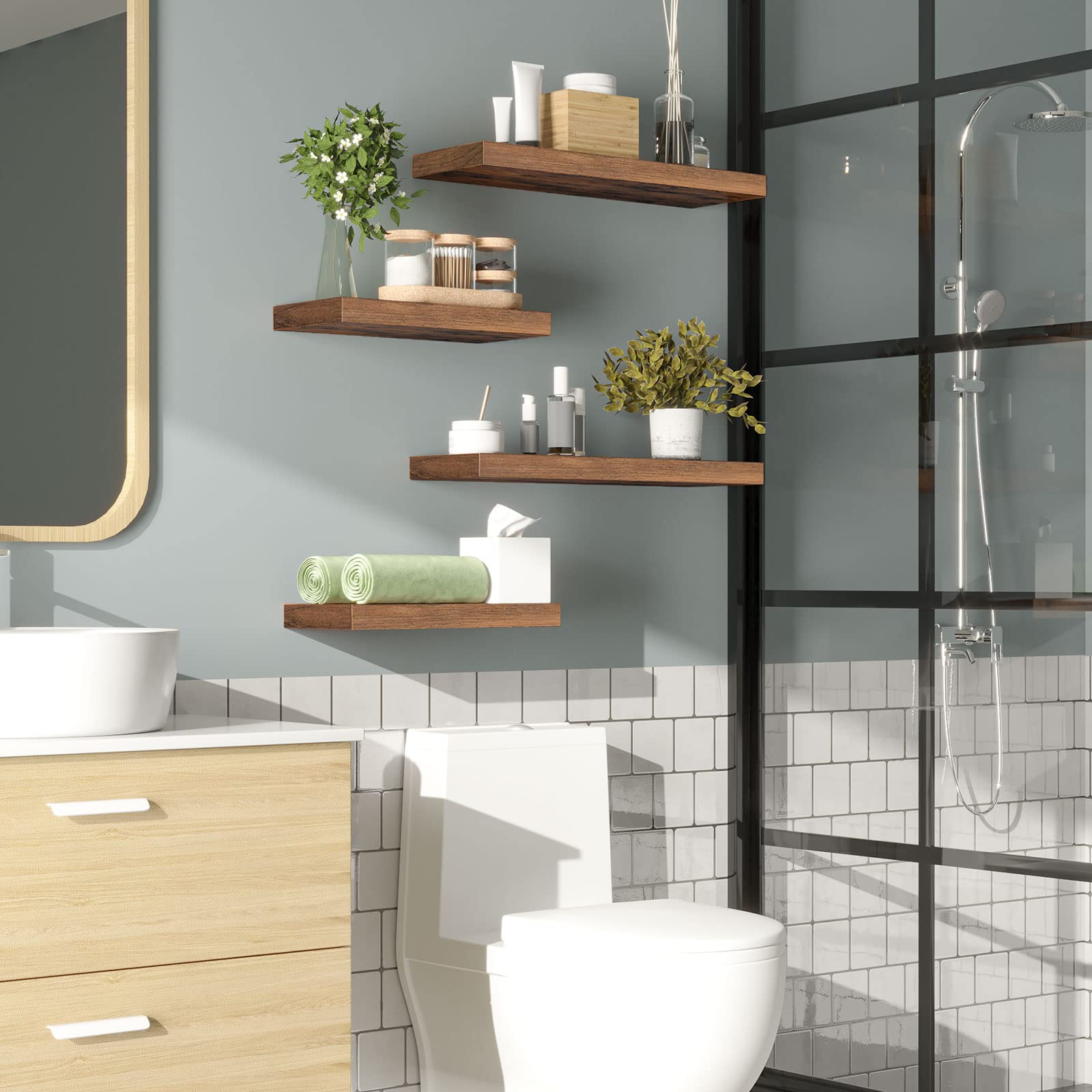 HOOBRO 2-Pack 15.7 Inch Floating Wall Shelves with Invisible Brackets - Rustic Brown Wooden Shelves for Bathroom, Bedroom, Kitchen Decor - Perfect for Home Office Storage & Displaying Photos, Plants, Books (Model BF40BJ01)