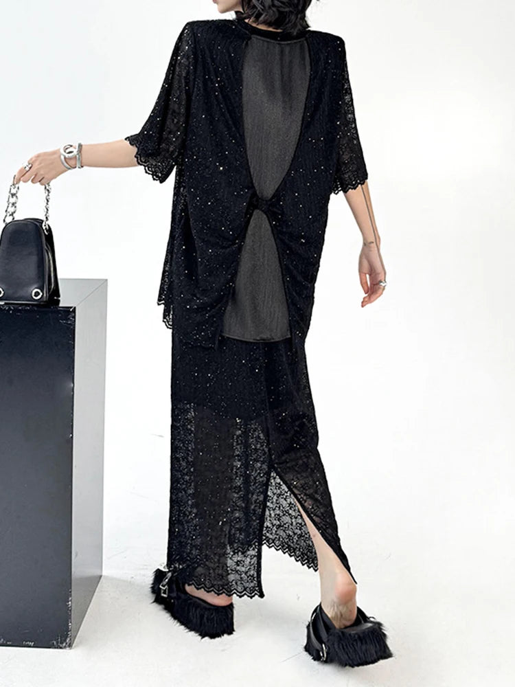 Black Lace T-Shirt & Back Slit Skirt 2-Piece Set - Round Neck Short Sleeve Women's Fashion Outfit for Spring Summer 2025 | Casual Wear, Date Night, Office Attire