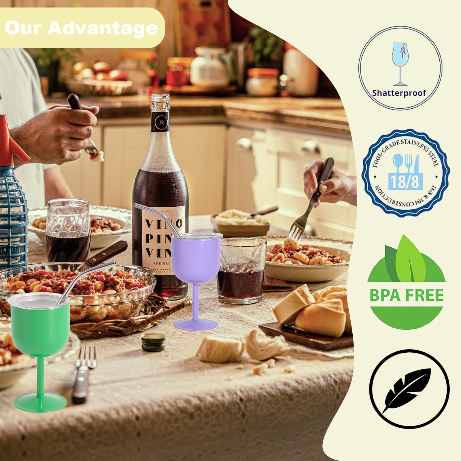 Premium Stainless Steel Wine Glasses Set - 4oz Double Wall Vacuum Insulated Unbreakable Wine Tumblers with Lid & Straw - Perfect for Housewarming, Valentine's, Anniversary Gifts - Ideal for Cocktails, Martinis, Outdoor Picnics, Pool Parties & Romantic Dinners