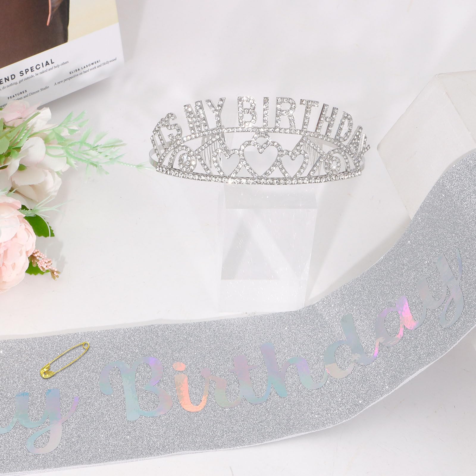 Birthday Sash & Rhinestone Tiara Set for Women - Silver Glam Birthday Crown & Decorations - Perfect for Birthday Parties, Bachelorette, and Special Celebrations