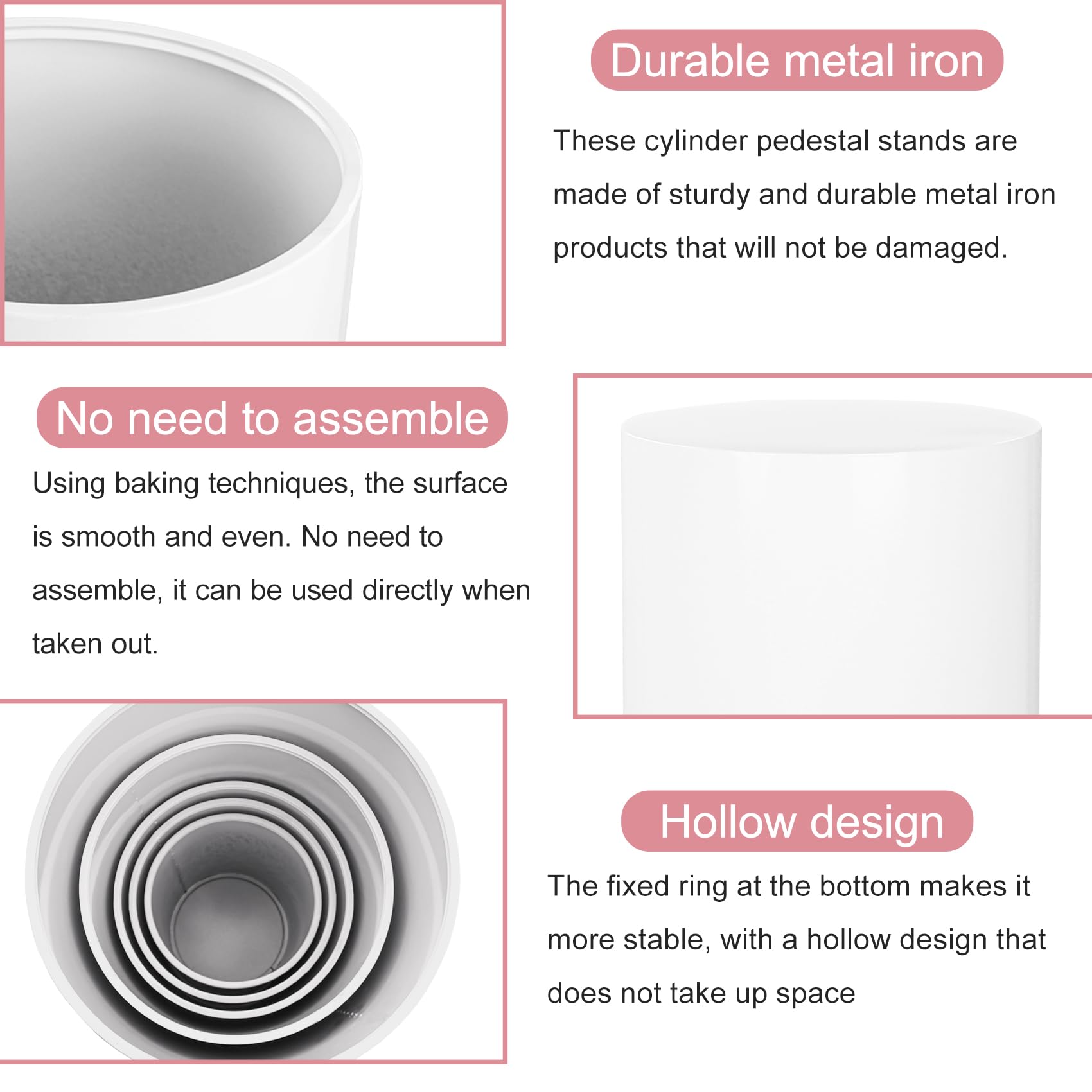 Premium Metal Cylinder Pedestal Stands - Set of 5 Reusable Round Display Pillars for Dessert Tables, Birthday, Wedding & Baby Shower Decorations (White) | Perfect for Cake Displays, Centerpieces & Party Decor
