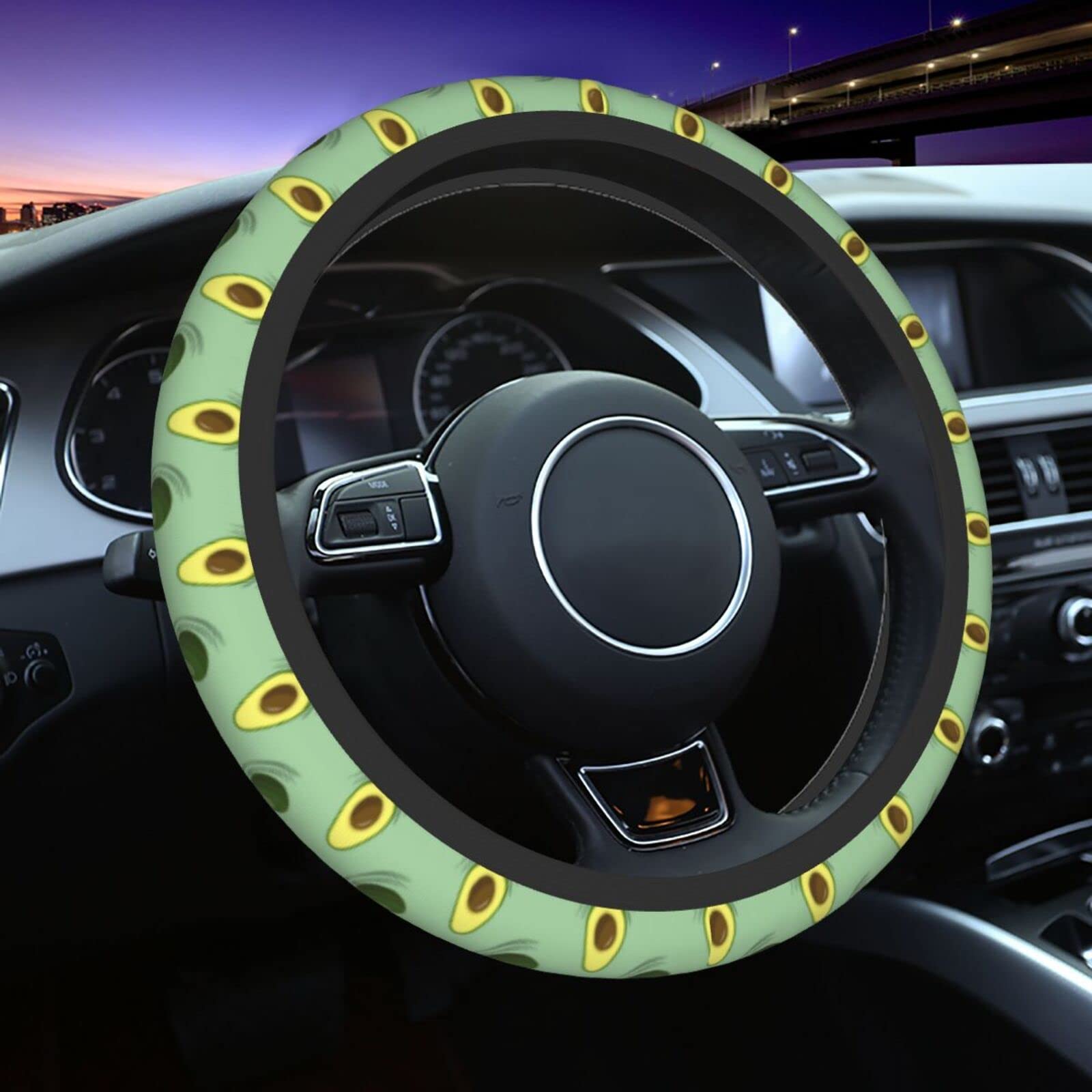 Universal 15 Inch Avocado Print Neoprene Steering Wheel Cover - Cute Car Accessory for Whole/Halves Avocado Lovers - Perfect for Summer Road Trips & Protecting Your Steering Wheel from Sun Damage