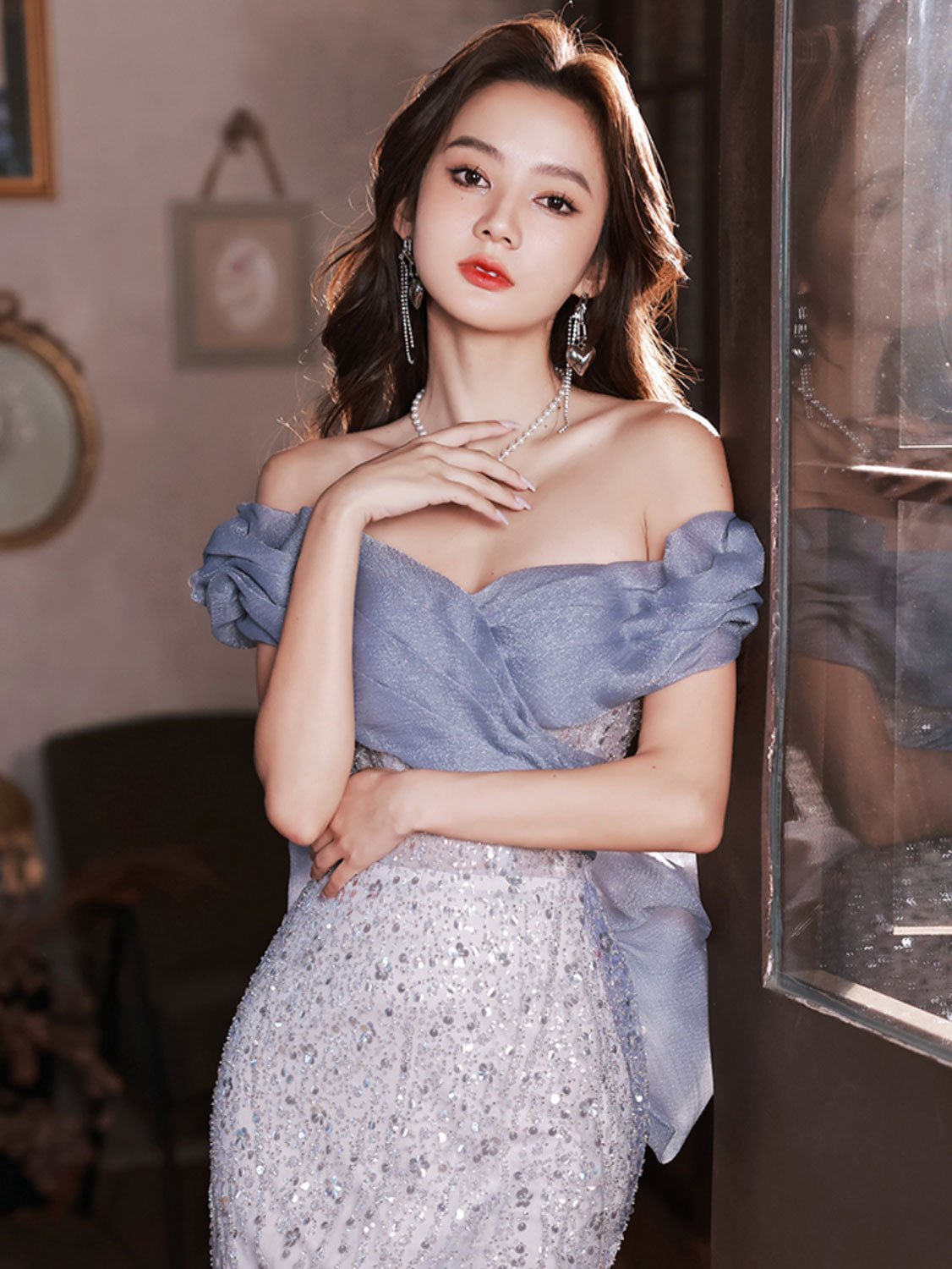 Elegant Blue Off Shoulder Tulle Sequin Mermaid Long Prom Dress for Women - Perfect for Formal Dances, Evening Gala & Special Occasions