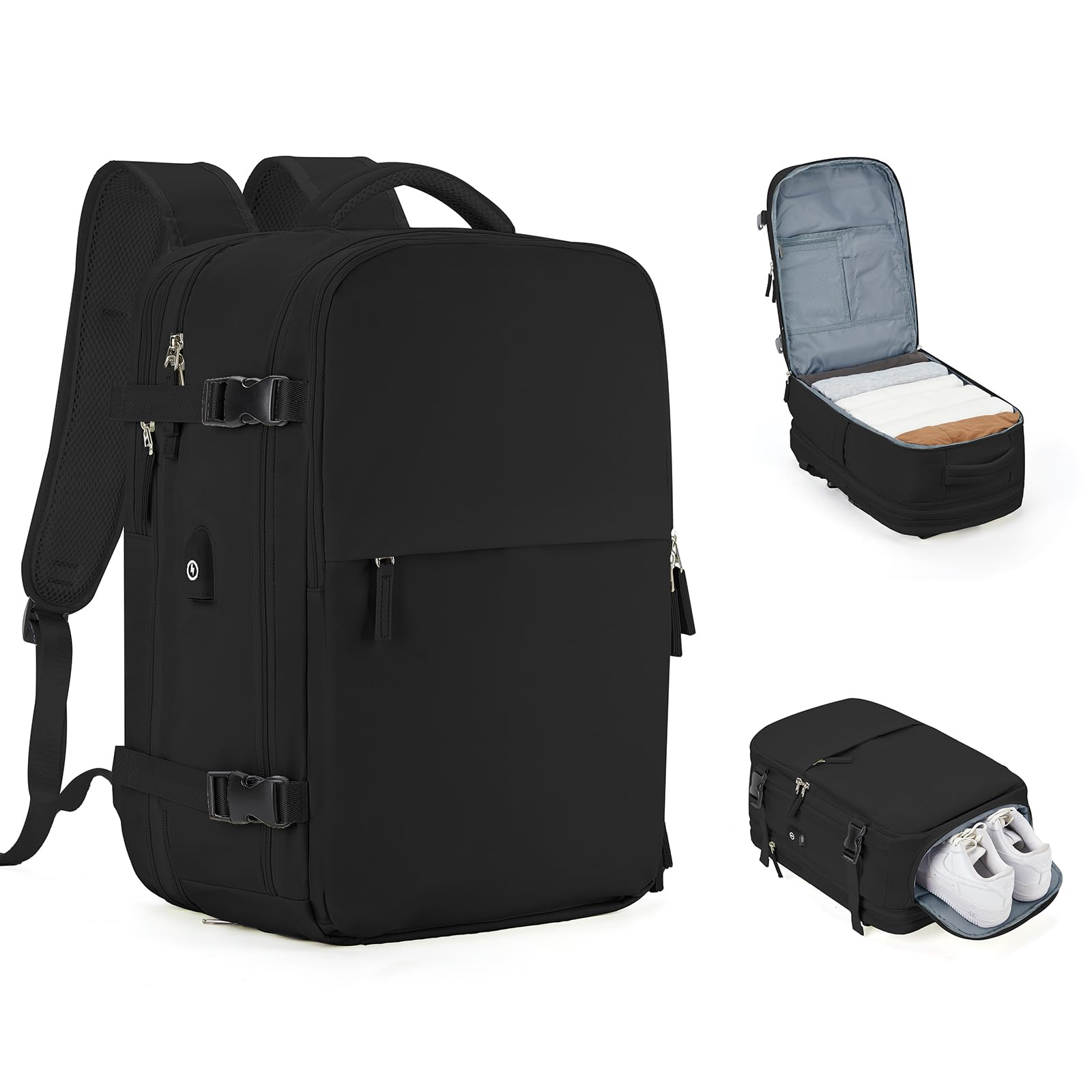 Expandable Travel Backpack for Women & Men - Airline Approved Carry-On Backpack, Waterproof Flight Approved Personal Item Bag for Airplane Travel, Gym & Outdoor Adventures - Black