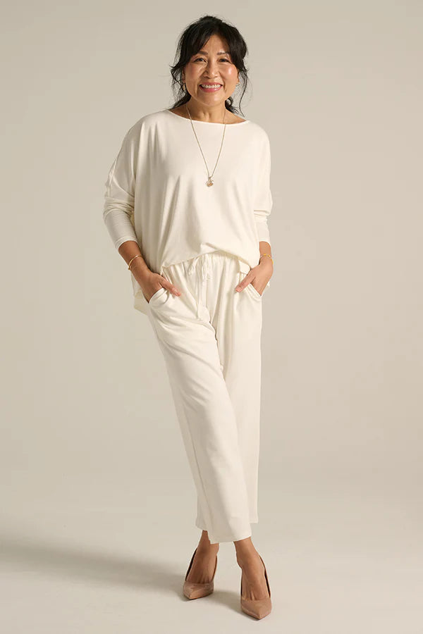 Terry Relaxed Boatneck Top - Soft White | Comfortable Casual Wear for Women | Perfect for Lounging, Travel & Everyday Outfits